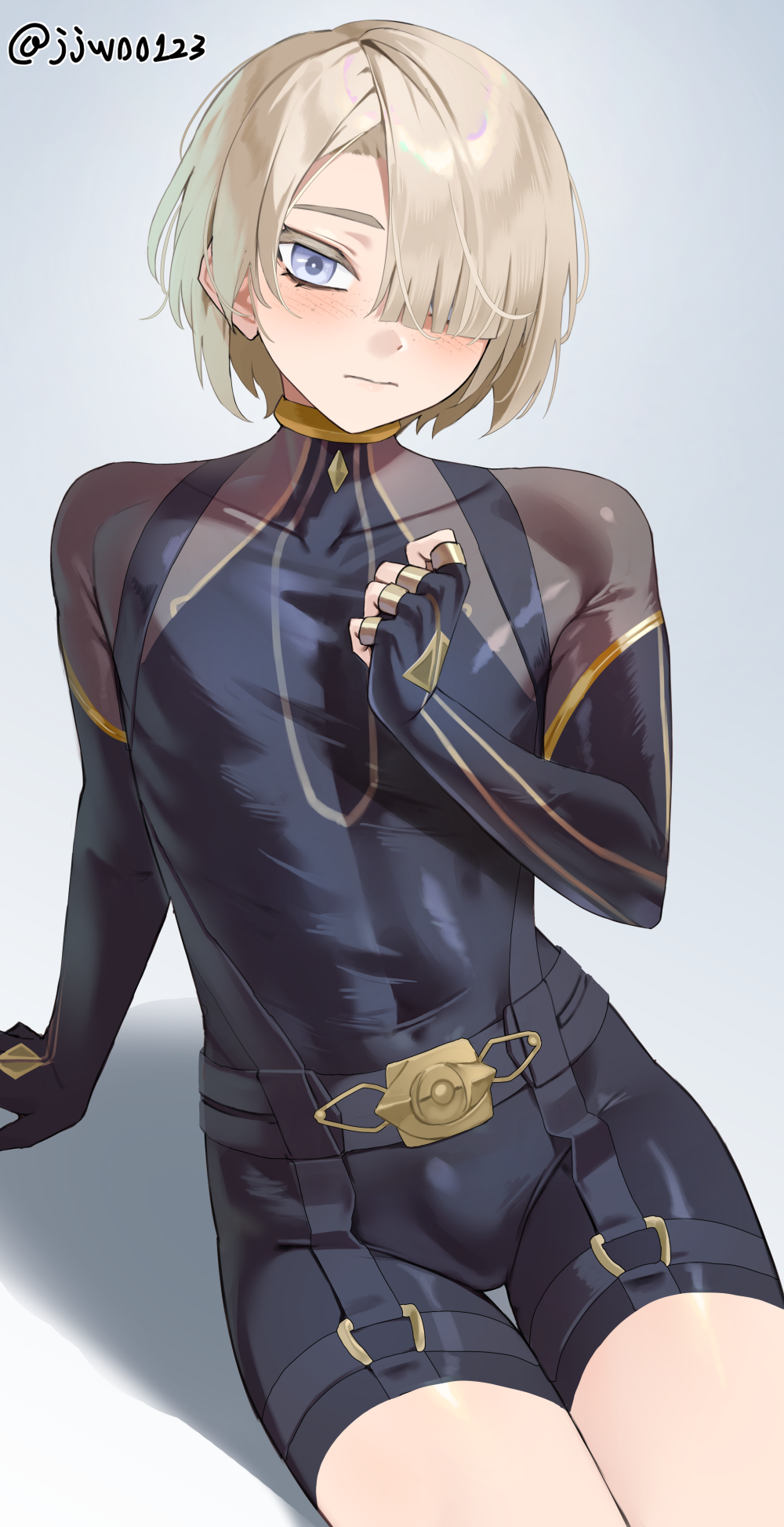 1boy, arm support, arm up, artist name, asymmetrical bangs, blonde hair, blue eyes, blush, bulge, commentary, expressionless, femboy, fingerless gloves, freminet (genshin impact), g1 (artist), g1 (jjw00123), genshin impact, gloves, gradient background, grey background, hair over one eye, highres, jjw00123, jjw1029, long sleeves, male, male focus, male only, paid reward available, short hair, simple background, sitting, thighs, twitter username, upper body, white background