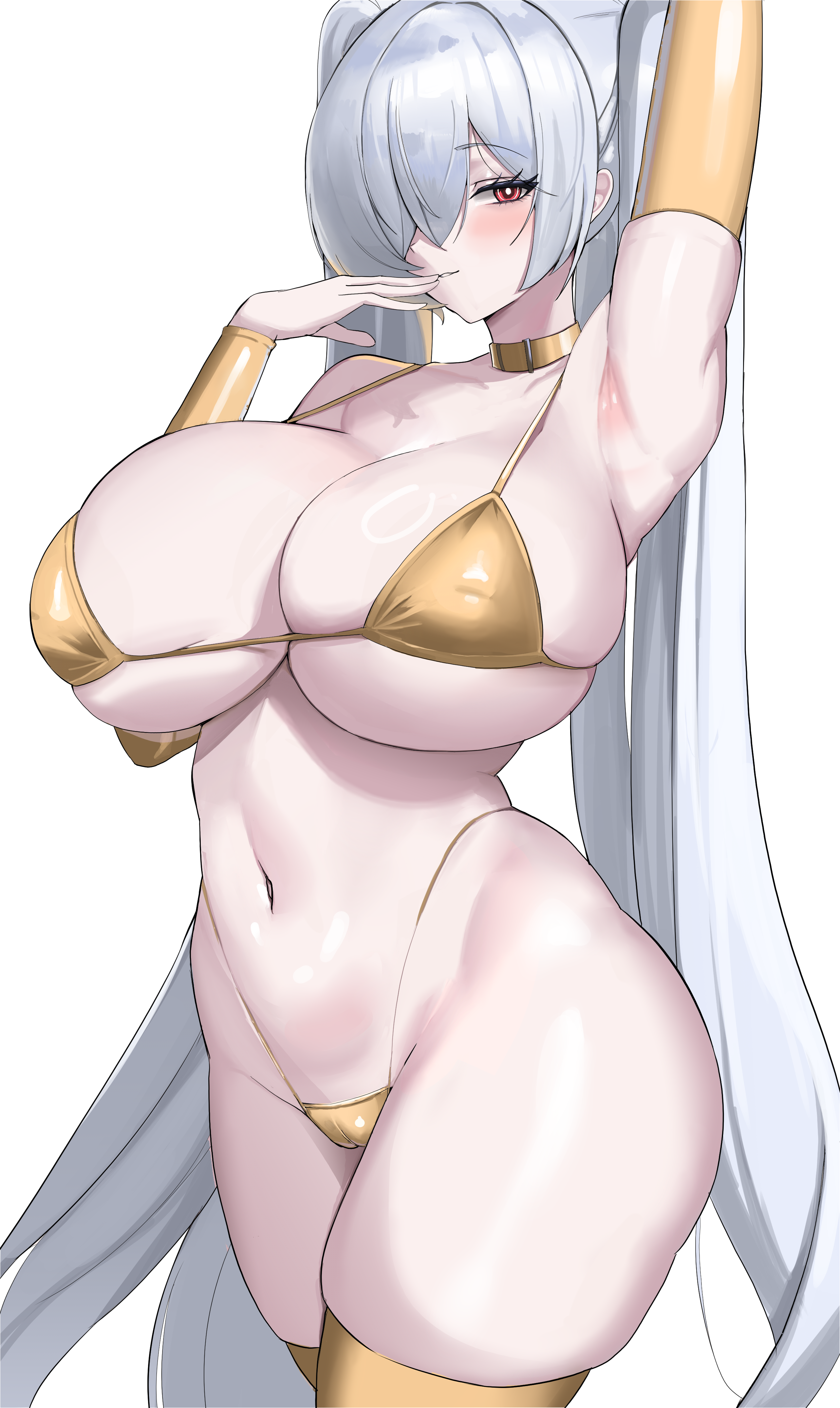 1girls, arm up, armpits, bare shoulders, bikini, blush, breasts, choker, cinderella (nikke), detached sleeves, goddess of victory: nikke, gold bikini, gold choker, gold thighhighs, hair over one eye, highleg bikini, huge breasts, long hair, looking at viewer, minji (jimin10804), navel, red eyes, simple background, skindentation, thick thighs, twintails, very long hair, white background, white hair