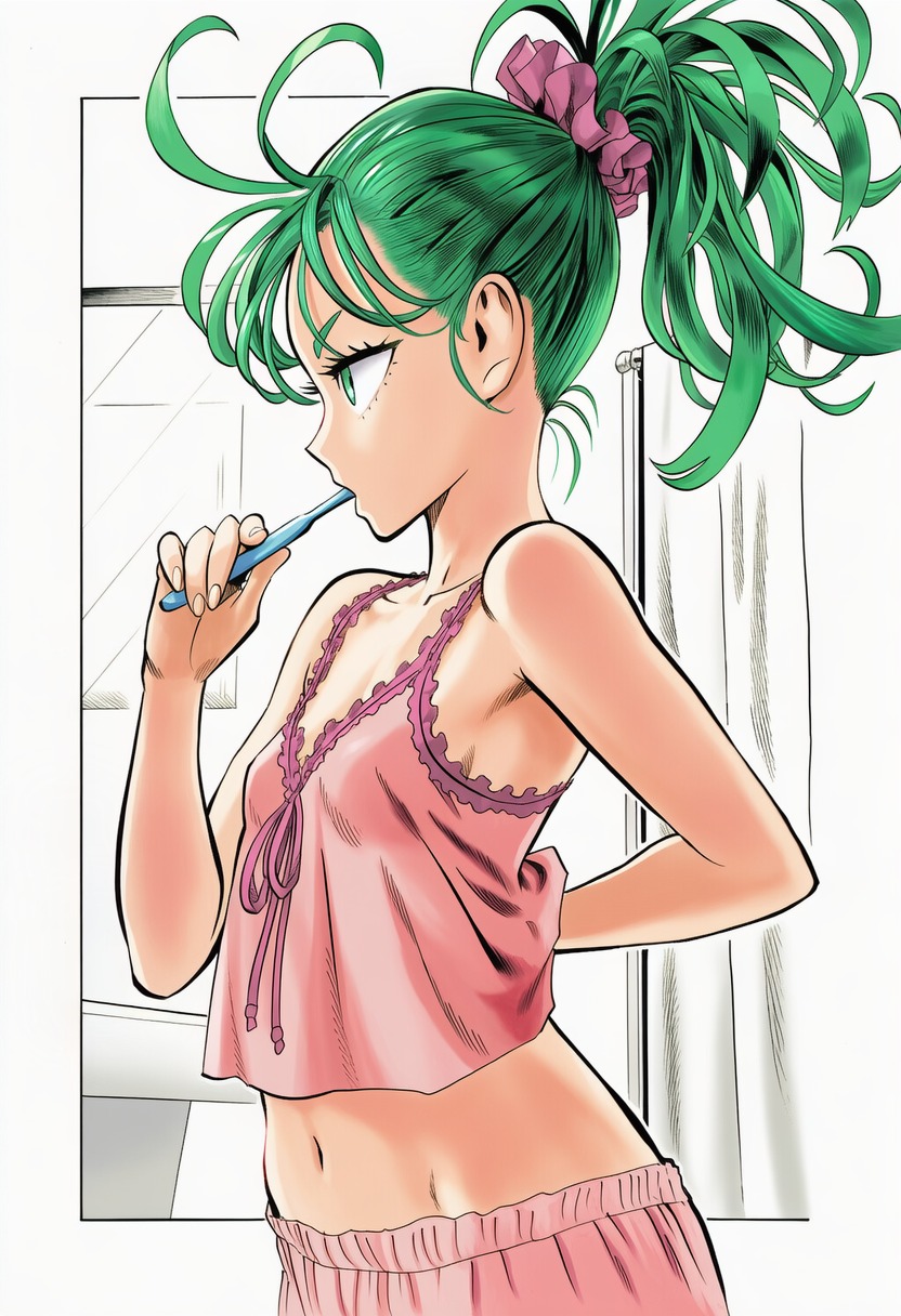 1girls, accurate art style, ai generated, alternate costume, arm behind back, bare arms, bathroom, belly button, breasts, brushing, brushing teeth, camisole, clothing, curtains, female, female focus, female only, from side, hair ornament, hair scrunchie, high ponytail, high resolution, highres, holding, holding object, indoors, light skin, light-skinned female, line art, looking away, looking forward, manga style, midriff, mirror, murata yuusuke (style), navel, official style, one-punch man, pajamas, perky breasts, petite, pink pajamas, pink scrunchie, profile, scrunchie, side view, sink, sleepwear, slender body, slim waist, small breasts, solo, solo focus, standing, tatsumaki, tied hair, toothbrush, upper body