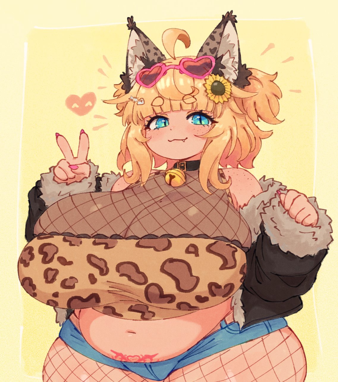 blush, chubby, cyan (vtuber), fang, gigantic breasts, gyaru, hyper, indie virtual youtuber, original, panther print, pubic tattoo, smile, thick thighs, v, virtual youtuber, wide hips