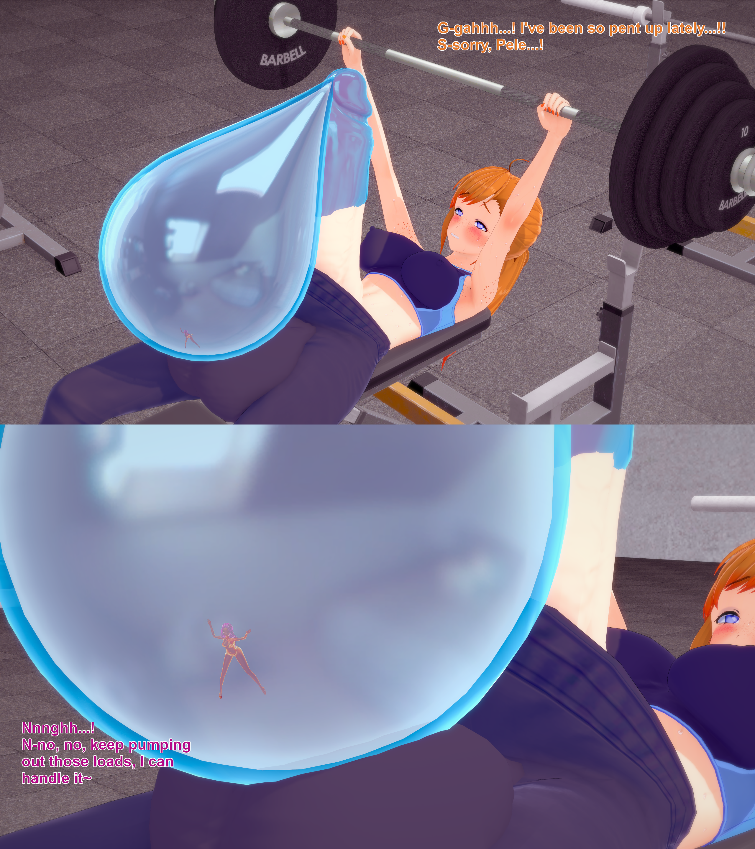 1futa, 1girls, 2026, 3d, balls, condom, condom filling, cum, cum in condom, drowning in cum, eira baclan, ejaculation, english text, female, futa giantess, futanari, giantess, giantess futa, huge balls, huge cock, intersex, koikatsu, lifting weights, micro, oc, orange hair, original, original character, pele keahi, penis, pink hair, poll winner, shrunken female, slime girl, sports bra, sweatpants, text, trapped in condom, xavierhuge