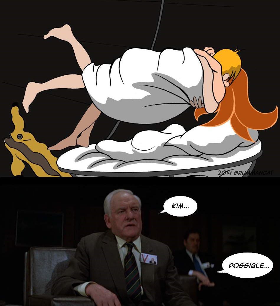 1boy 1girls bernard_lee black_background canon_couple crossover disney duo english_text female grummancat human james_bond kim_possible kimberly_ann_possible male moonraker parody ron_stoppable sex speech_bubble straight text under_the_covers