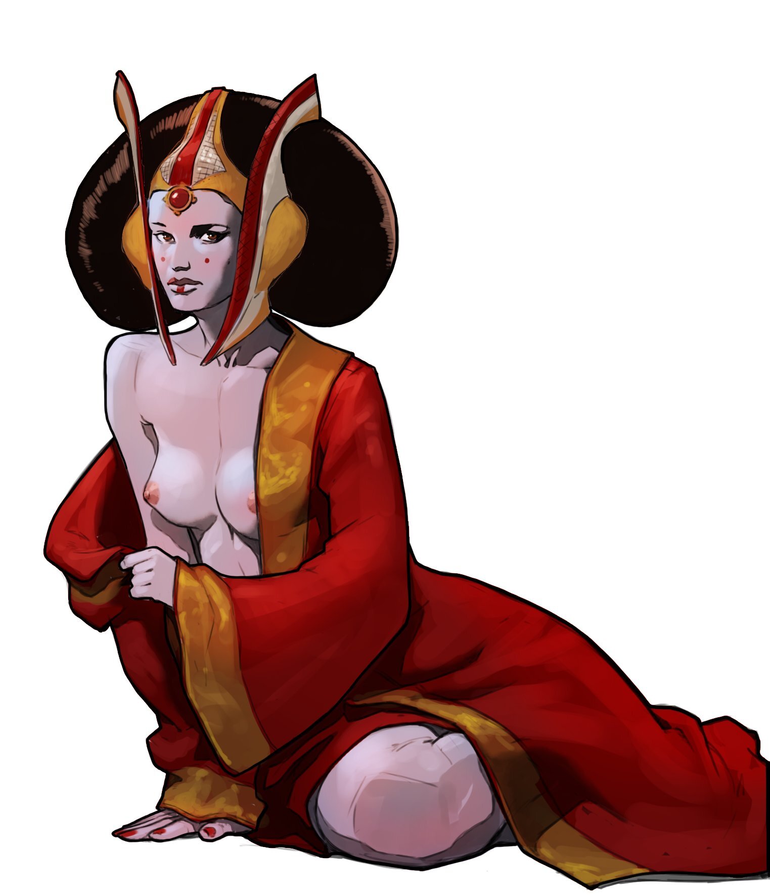 bodypaint, brown hair, female, female only, guron555, headdress, makeup, medium breasts, open clothes, open robe, padme amidala, royalty, star wars, white skin