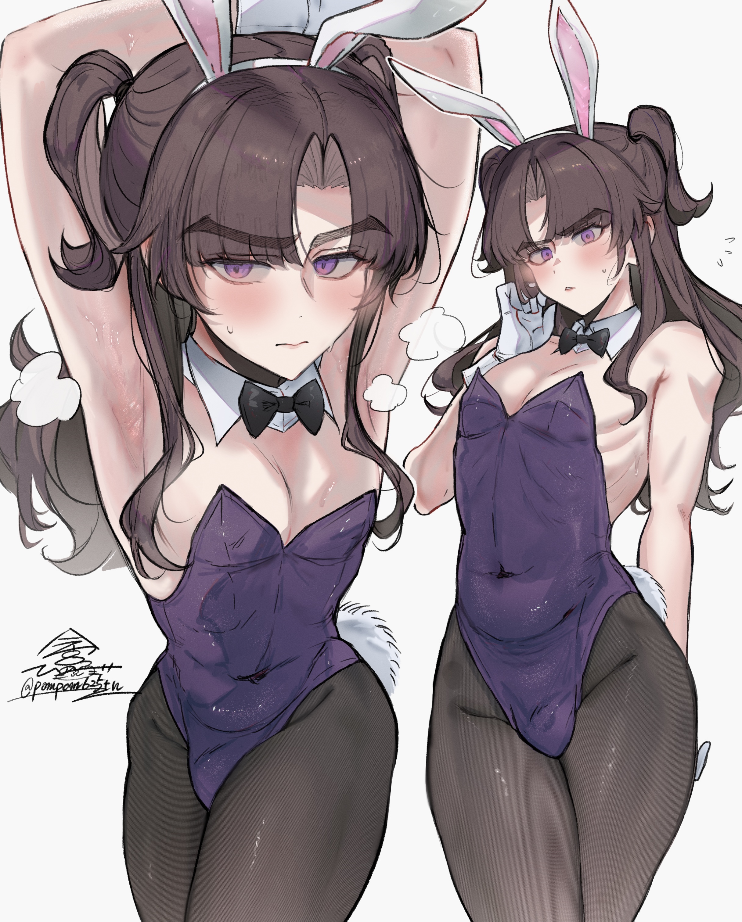 1boy, annoyed, armpit fetish, armpits, arms up, brown hair, bulge, bunny ears, bunnysuit, crossdressing, femboy, imamiya pinoko, long hair, musk, non-nude, original character, otoko no ko, pantyhose, purple eyes, smell, solo, sweaty armpits, thick eyebrows, thick thighs, trap