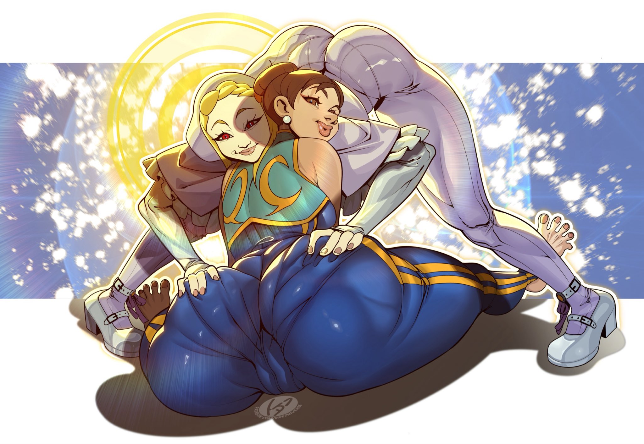 2girls, big ass, capcom, chun-li, female, ingrid (capcom), krezniverse, legs apart, sketch, smile, street fighter, street fighter 6