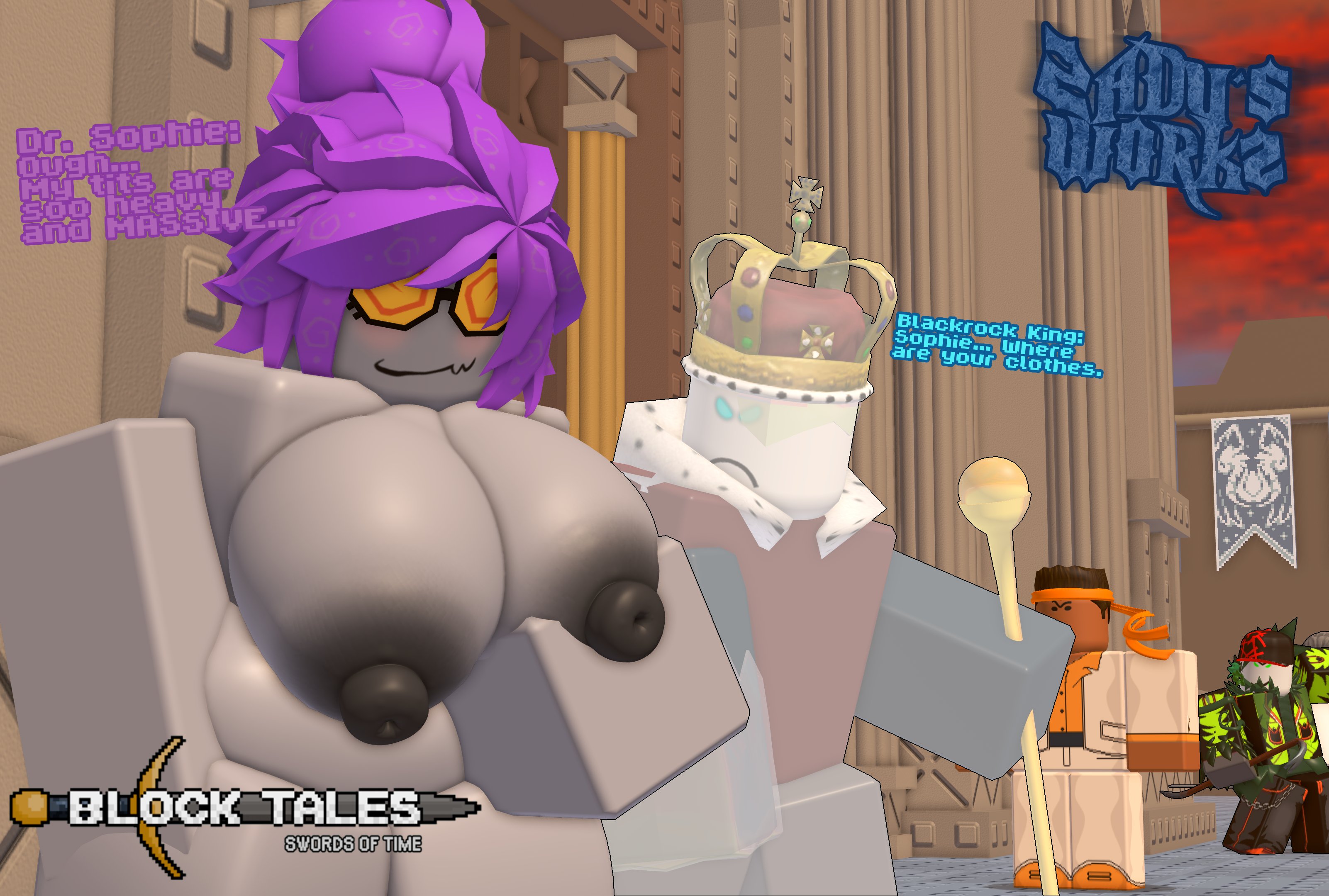 1girls, 3d, areolae, background characters, big breasts, big nipples, block tales, blush, breasts, crimstuff, cruel king (block tales), dialogue, dr. sophie (block tales), english text, female focus, first porn of character, glasses, griefer (block tales), mayor thaniyel (block tales), naked female, nipples, nude, orange (block tales), public nudity, purple hair, roblox, roblox game, robloxian, smile, tagme, text, thighs, zaduworkz
