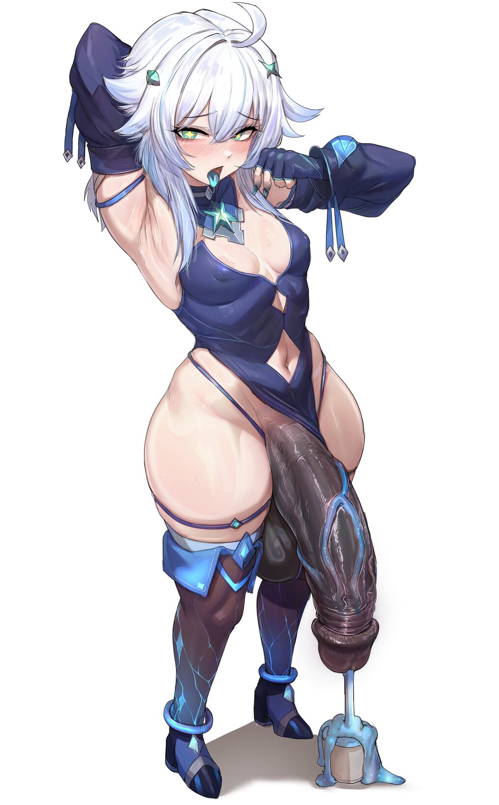 cum, cup, excessive cum, exotic penis, futanari, intersex, male, merodach, mug, oc, ohthicc, otik, solo, solo futa, white hair