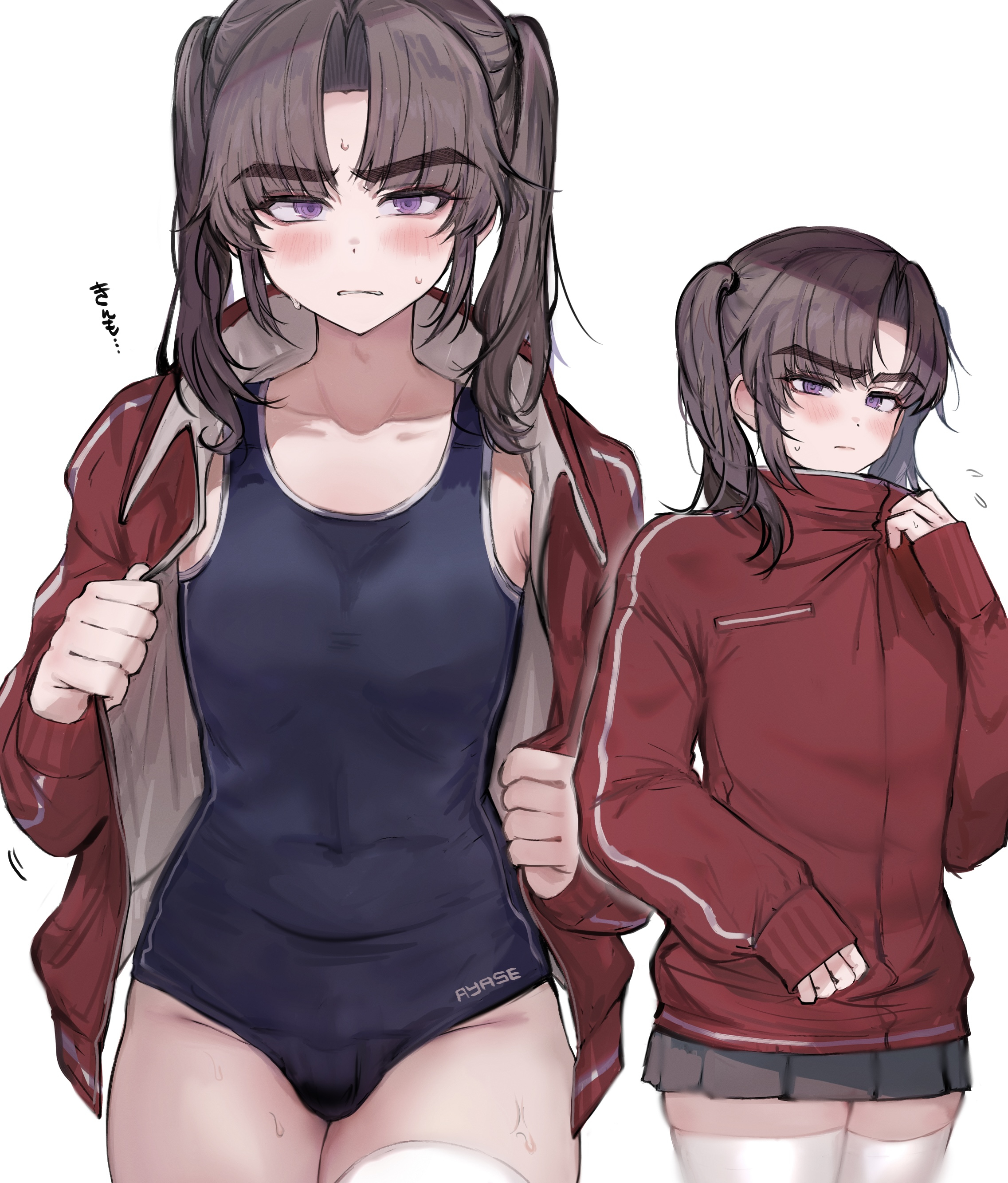 1boy, brown hair, bulge, crossdressing, embarrassed, femboy, gym uniform, imamiya pinoko, male, original character, otoko no ko, school uniform, solo, sweat, sweaty body, swimsuit, thick eyebrows, tracksuit, trap, twintails, undressing