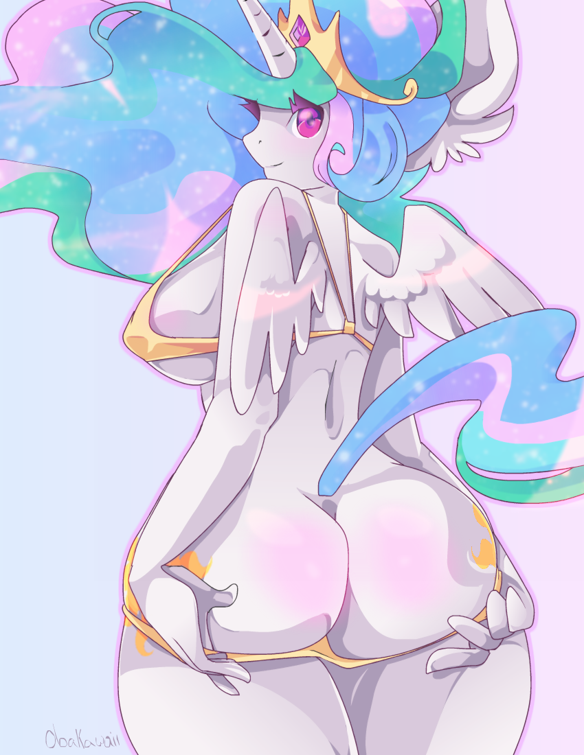 back_view friendship_is_magic my_little_pony obakawaii panties panty_pull princess_celestia_(mlp) smooth_skin solo