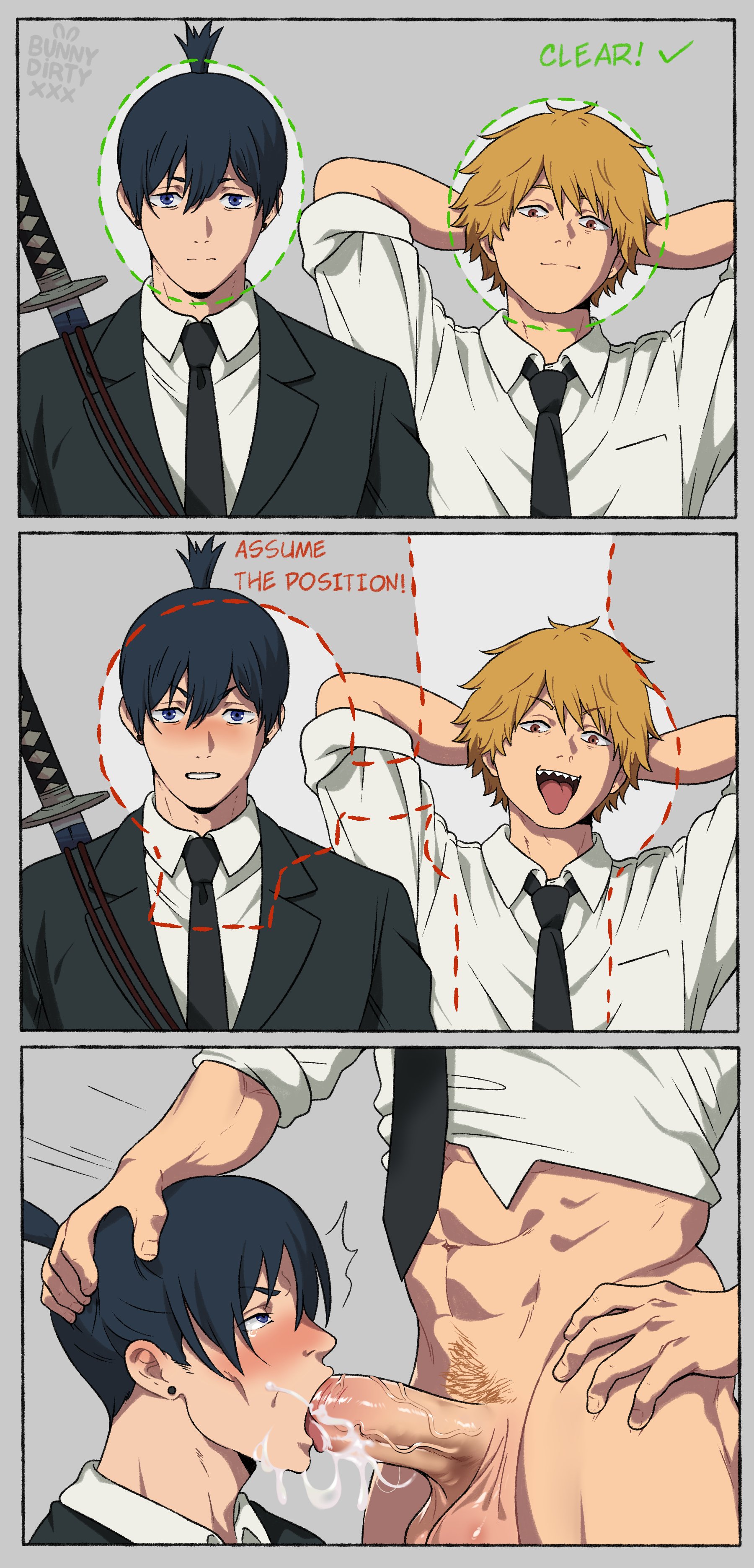 2boys, big penis, blonde hair, blonde-haired male, blowjob, blush, bunnydirtyxxx, chainsaw man, deepthroat, denji (chainsaw man), erect penis, erection, gay, gay blowjob, gay sex, hand on head, hayakawa aki, head grab, homies, horny, irrumatio, kneeling, kneeling oral position, large penis, lewd security verification, oral, oral penetration, oral sex, pleasure face, pubic hair, thick penis, thrusting, thrusting into mouth, veiny penis, yaoi