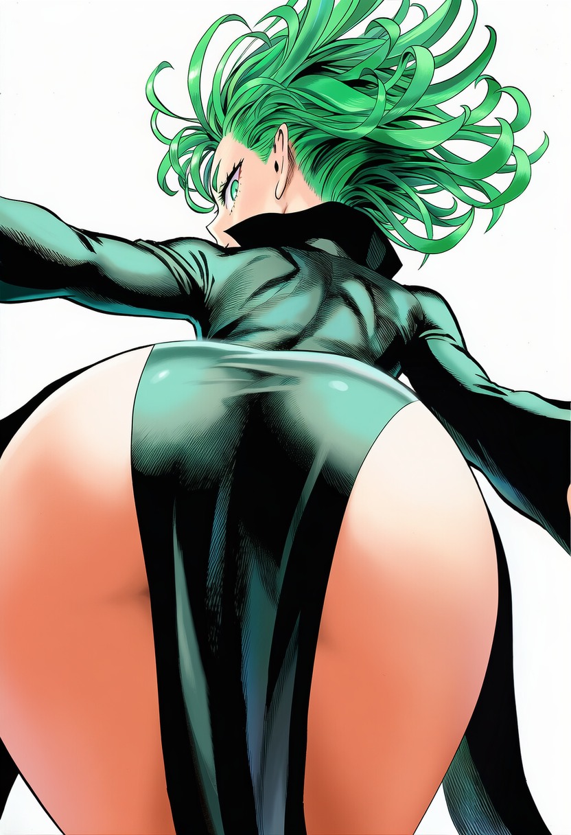 1girls, accurate art style, ai generated, ass, ass focus, back, back view, bent over, big ass, black dress, closed mouth, clothing, curly hair, dress, eyelashes, female, female focus, female only, flipped hair, floating hair, flowing hair, foreshortening, from behind, green dress, green eyes, green hair, high collar, high resolution, high slit dress, highres, large ass, light skin, light-skinned female, line art, long sleeves, looking at viewer, looking back, looking over shoulder, manga style, medium hair, murata yuusuke (style), official style, one-punch man, outstretched arms, over shoulder, pelvic curtain, petite, short hair, shoulder blades, side slit, simple background, solo, solo focus, standing, tatsumaki, tight clothing, tight dress, white background
