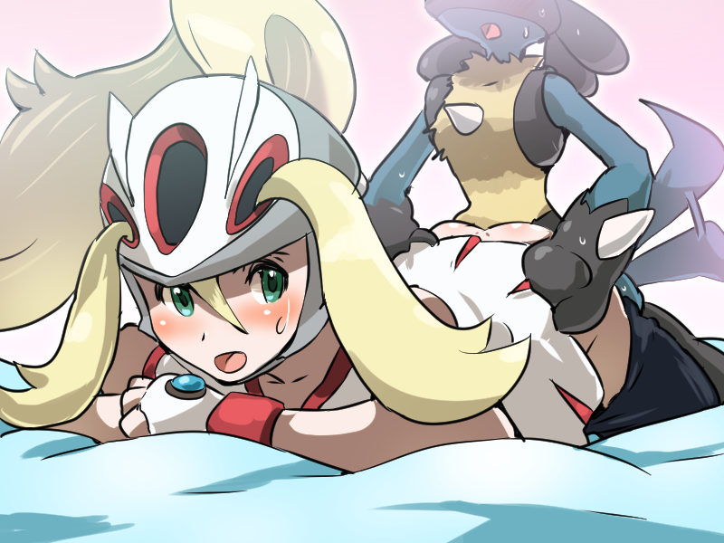 1boy, 1girls, 2014, boris (noborhys), doggy style, female, female human, femsub, human, interspecies, korrina (pokemon), lucario, male, male lucario, male pokemon, male pokemon/female human, male/female, maledom, pokemon, pokemon (species), pokemon xy, pokephilia, sweat