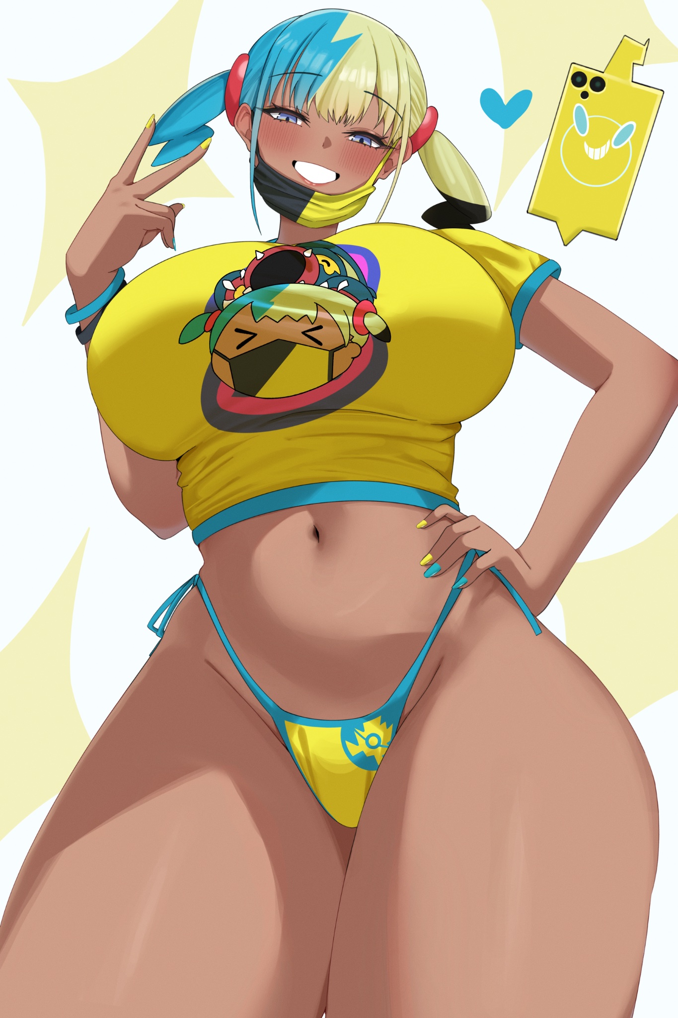 1girls, blue nails, breasts, canari (pokemon), canary (pokemon), dark skin, dark-skinned female, female, female focus, female only, large breasts, looking at viewer, nail polish, nintendo, pokemon, pokemon legends: z-a, smile, solo, thick thighs, thighs, v, wide hips, ybpac18, yellow nails, yobi (ybpac18)