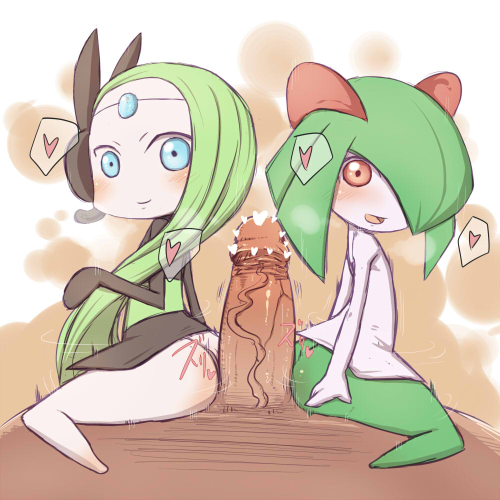 1boy 2girls blue_eyes buttjob censored double_buttjob female furry green_hair heart interspecies kirlia long_hair male meloetta offscreen_character open_mouth penis pokemon pokemon_(species) red_eyes short_hair size_difference smile spoken_heart threesome warumono_tomii