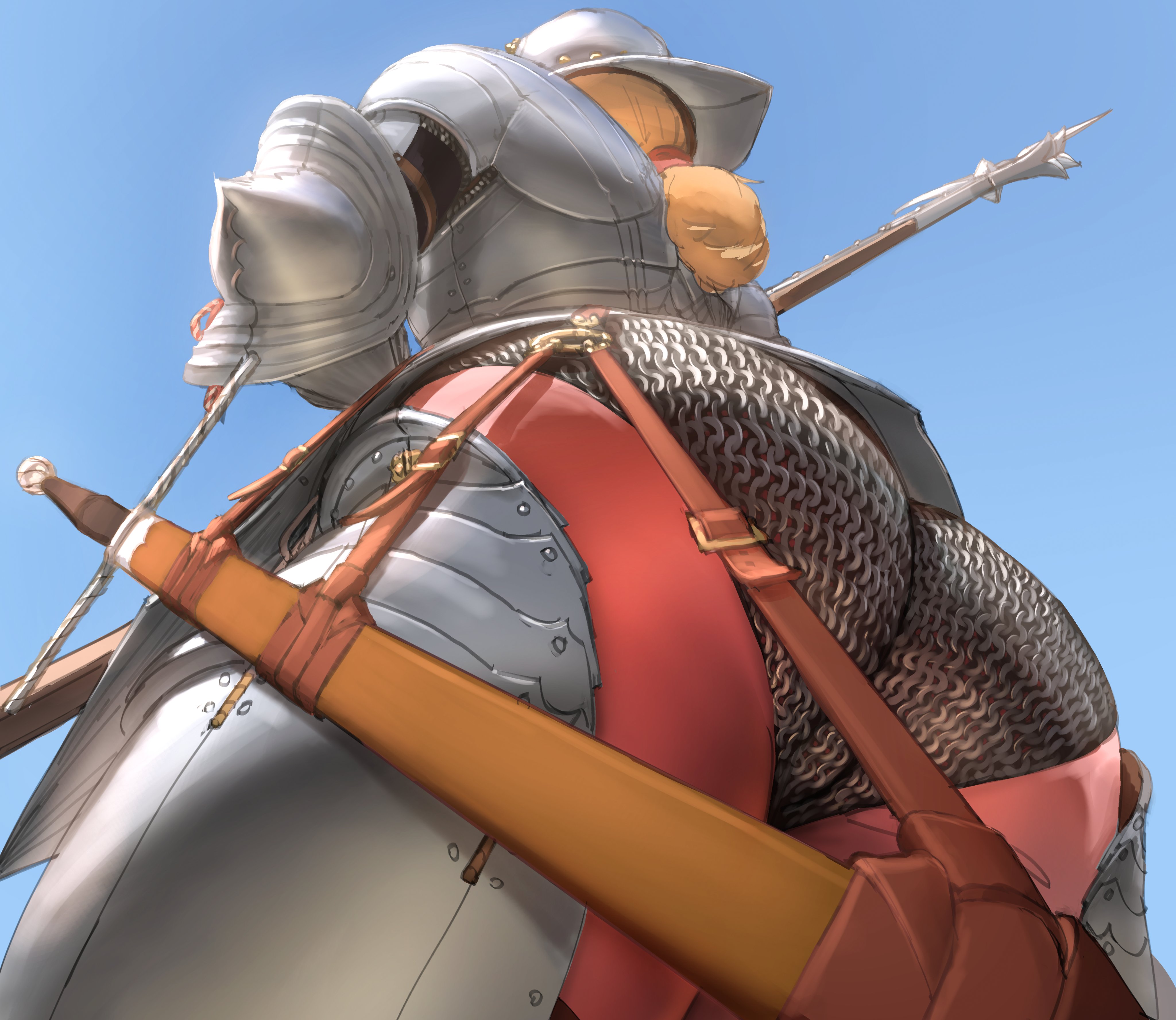 1girls, 2026, 2d, 2d (artwork), armor, armored female, ass, big ass, blonde hair, blonde-haired female, butt, chainmail, digital drawing (artwork), digital media (artwork), european, european female, facing away, female, female knight, female only, fully clothed, helmet, high resolution, highres, knight, knight armor, low-angle view, original, poleaxe, ponytail, ponytail female, rear view, seductive, sfw, sky, solo, solo female, sword, tight clothing, voluptuous, voluptuous female, wassnonnam, weapon