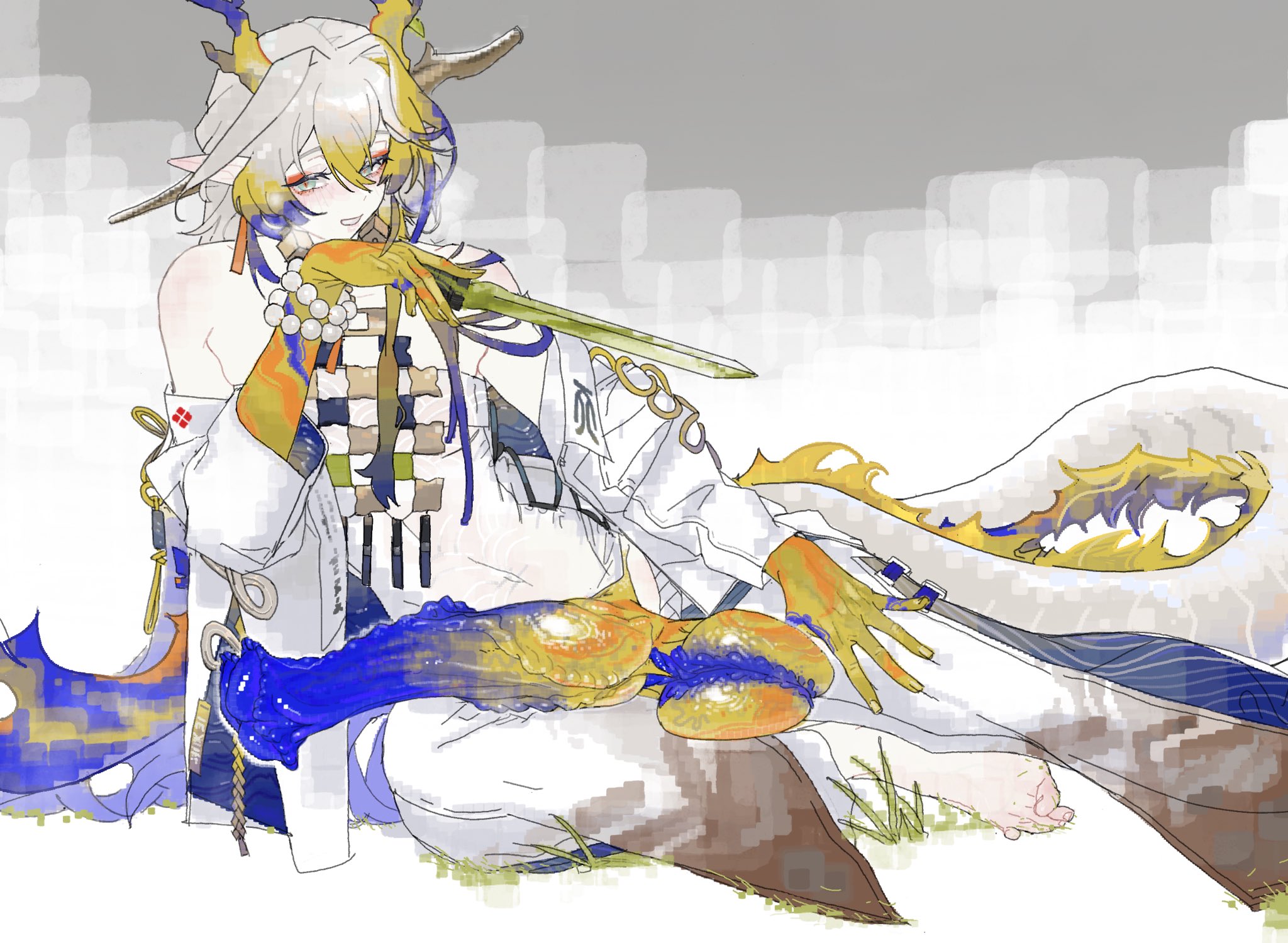 1futa, animal genitalia, arknights, balls, dragon girl, futa only, futanari, horns, penis, shu (arknights), smirk, tail, testicles, victim alice
