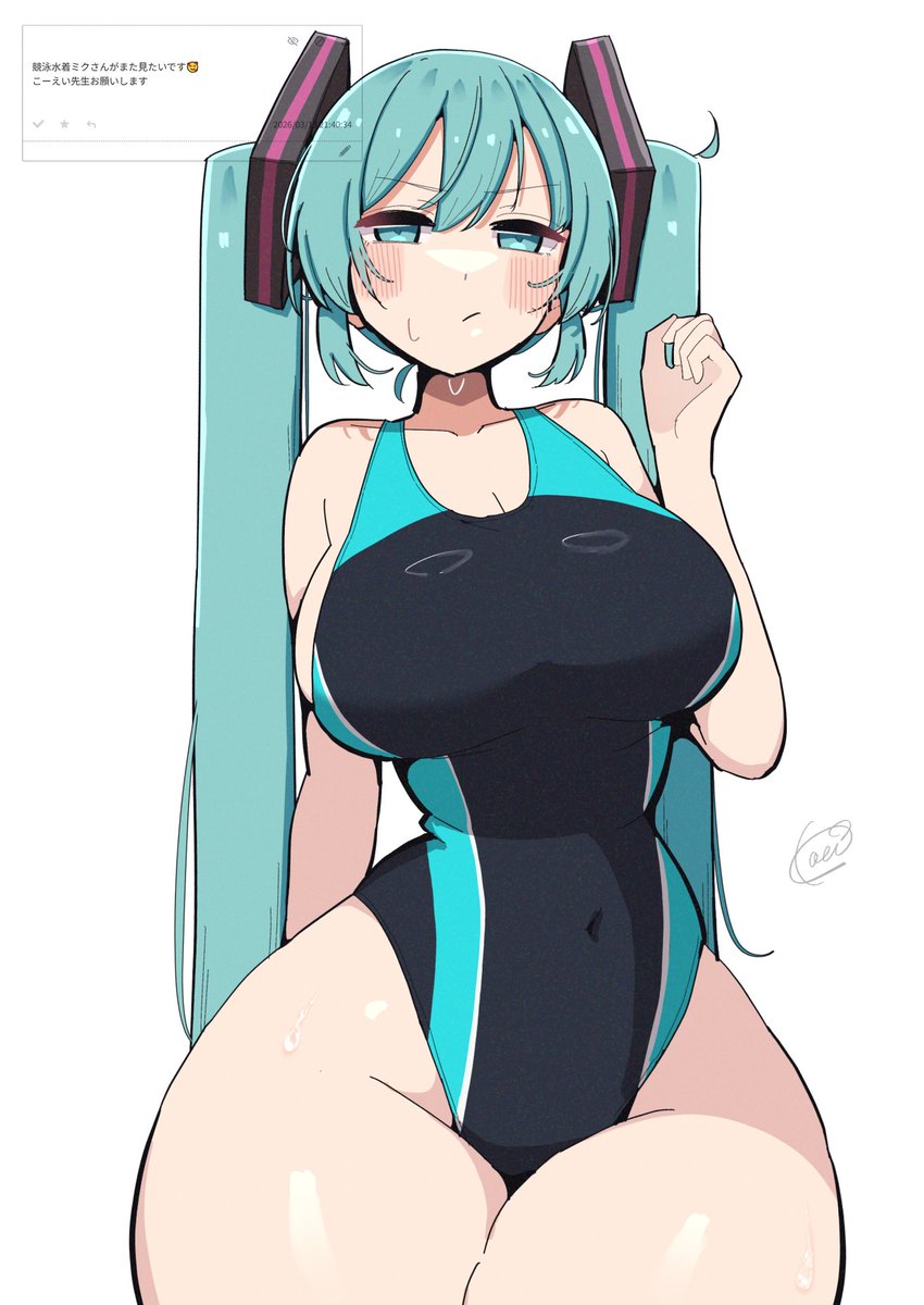1girl, alternate breast size, alternate breast size (larger), alternate costume, aqua eyes, aqua hair, aqua nails, aqua one-piece swimsuit, artist name, bangs, black one-piece swimsuit, blue eyes, blush, breasts, cleavage, closed mouth, collarbone, commentary request, competition swimsuit, covered navel, covered nipples, cowboy shot, curvy, hair between eyes, hand up, hatsune miku, highleg, highleg swimsuit, highres, koeikobo, kooei, large breasts, long hair, looking at viewer, narrow waist, one-piece swimsuit, simple background, solo, swimsuit, thick thighs, thighhighs, thighs, twintails, two-tone one-piece swimsuit, v-shaped eyebrows, very long hair, vocaloid, wet, white background, wide hips