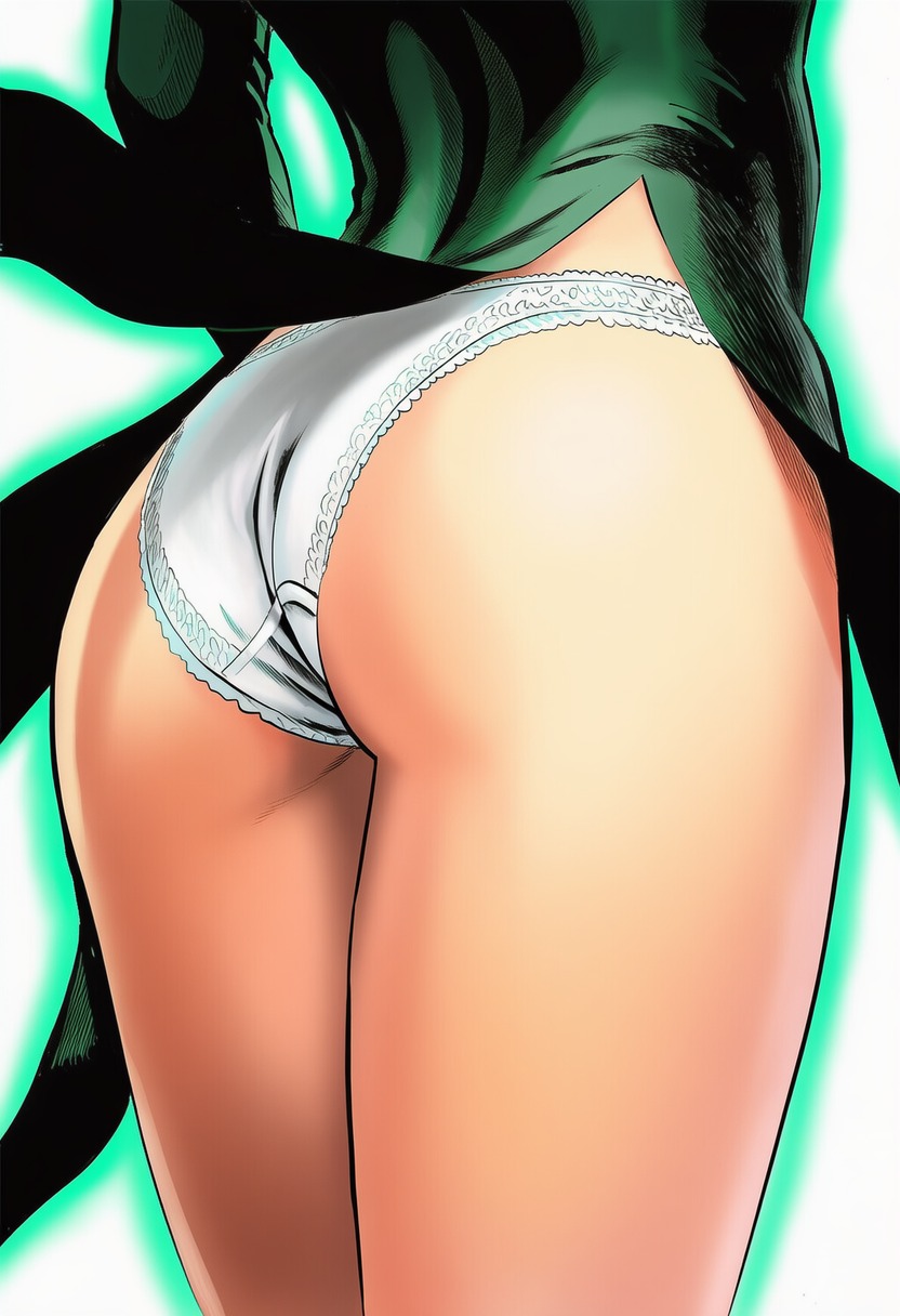 1girls, accurate art style, ai generated, arm at side, ass, ass focus, aura, bare legs, cel shading, close-up, clothing, dress, energy, female, female focus, female only, foreshortening, from behind, glowing body, green dress, head out of frame, high resolution, high slit dress, highres, lace, lace trim, lace-trimmed panties, light skin, light-skinned female, line art, low-angle view, lower body, manga style, medium ass, murata yuusuke (style), official style, one-punch man, panties, petite, shiny skin, side view, simple background, solo, solo focus, standing, tatsumaki, tight clothing, tight dress, white background, white panties