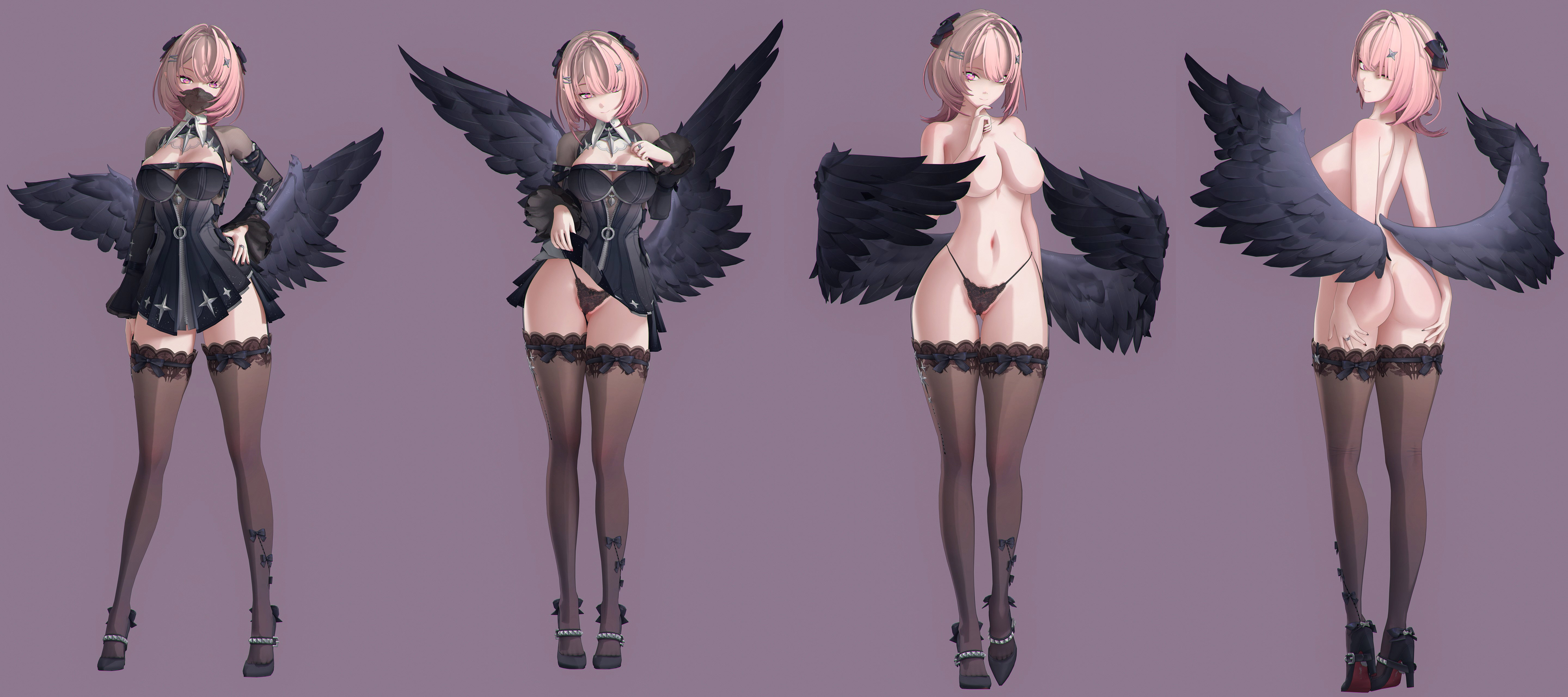 1girl, 3d, 3d model, 3d render, ass, black dress, black panties, black wings, blender, breasts, dress, feathers, full body, high heels, kallenz, large breasts, long socks, looking at viewer, multiple views, nude, panties, pink hair, ramiel (zenless zone zero), remielle dan, remielle dan (moonlight whispers), short dress, short hair, sleeves, smile, stockings, thighhighs, underwear, wings, zenless zone zero