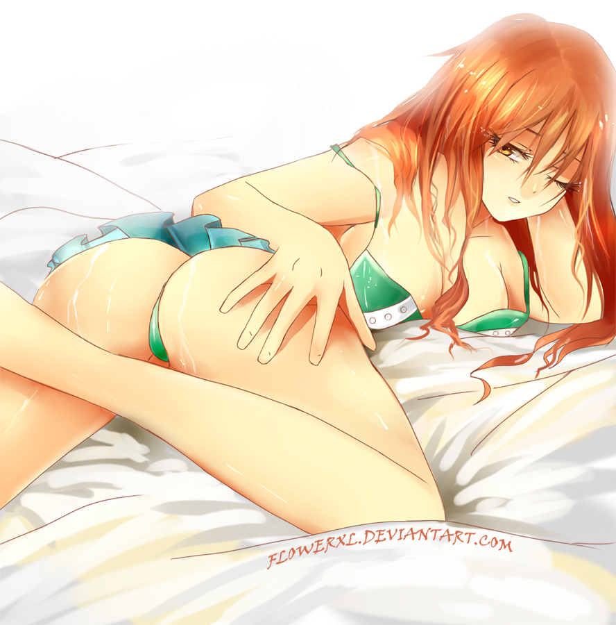 1girls, ass, back view, clothes, clothing, color, cum, female, female only, flowerxl, human, long hair, looking back, lying, nami (one piece), on front, one piece, orange hair, orange-haired female, post-timeskip, solo, thong