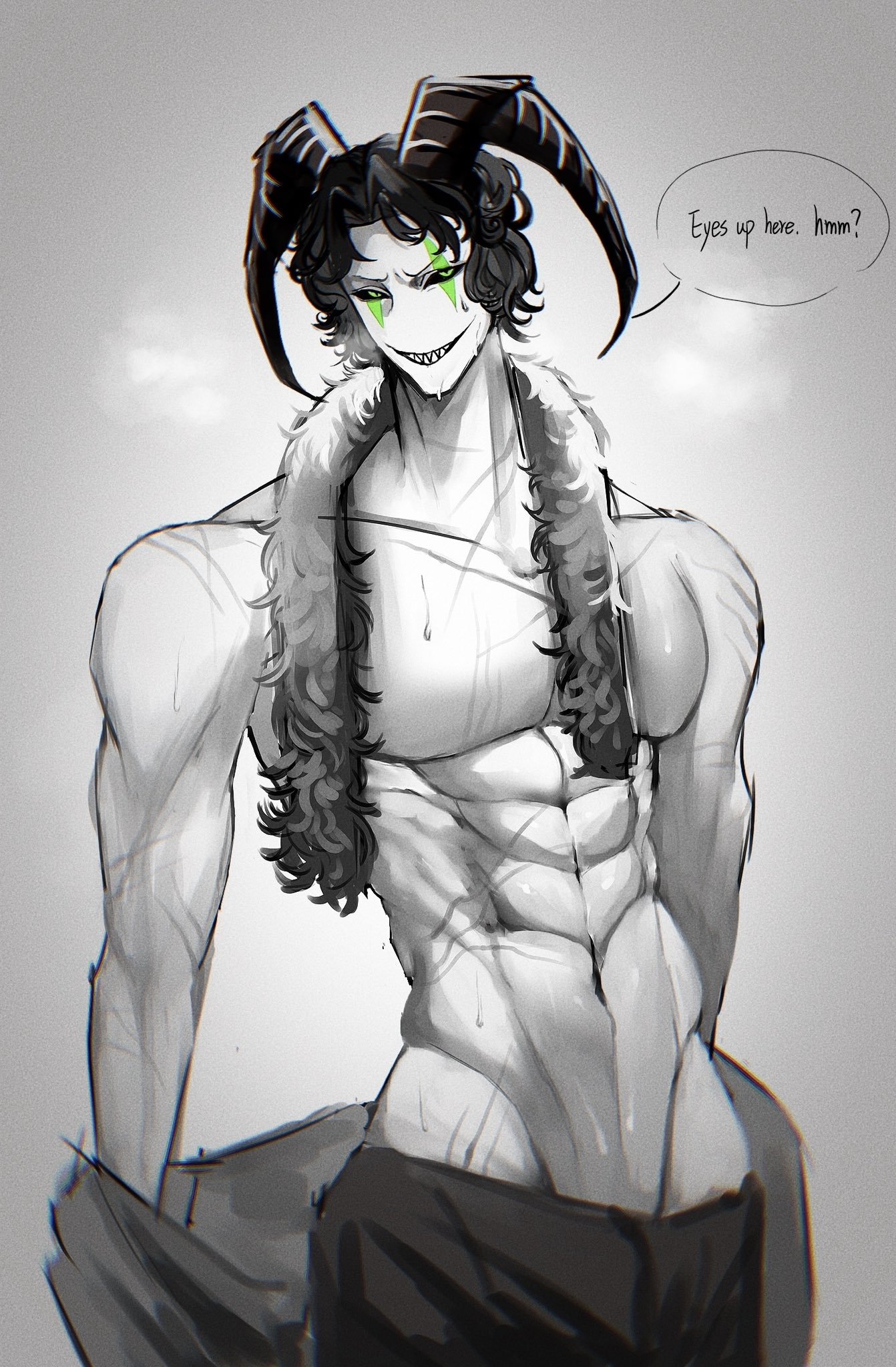 black hair, facing forward, facing partner, facing viewer, green eyes, grin, grinning at another, grinning at viewer, half naked, half nude, half-dressed, harlequin (the freak circus), hedybd11, horns, monster, monster boy, muscles, muscular, muscular arms, muscular back, muscular male, pale body, pale-skin, pale-skinned male, pointy teeth, sharp teeth, six pack, six pack abs, six packs, solo, solo focus, solo male, sweat, sweatdrop, sweating, sweating body, sweating breasts, sweating male, sweaty, sweaty body, the freak circus