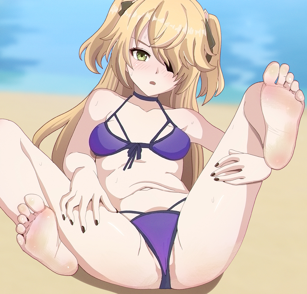 1girls, aruman, bare legs, barefoot, beach, bikini, black nails, black ribbon, blurry, blurry background, blush, dirty, dirty feet, eyepatch bikini, feet, fischl (genshin impact), foot fetish, foot focus, foreshortening, genshin impact, green eyes, hair over one eye, hair ribbon, looking at viewer, nail polish, parted lips, purple bikini, ribbon, sand, soles, solo, spread legs, sweat, swimsuit, toes, two side up