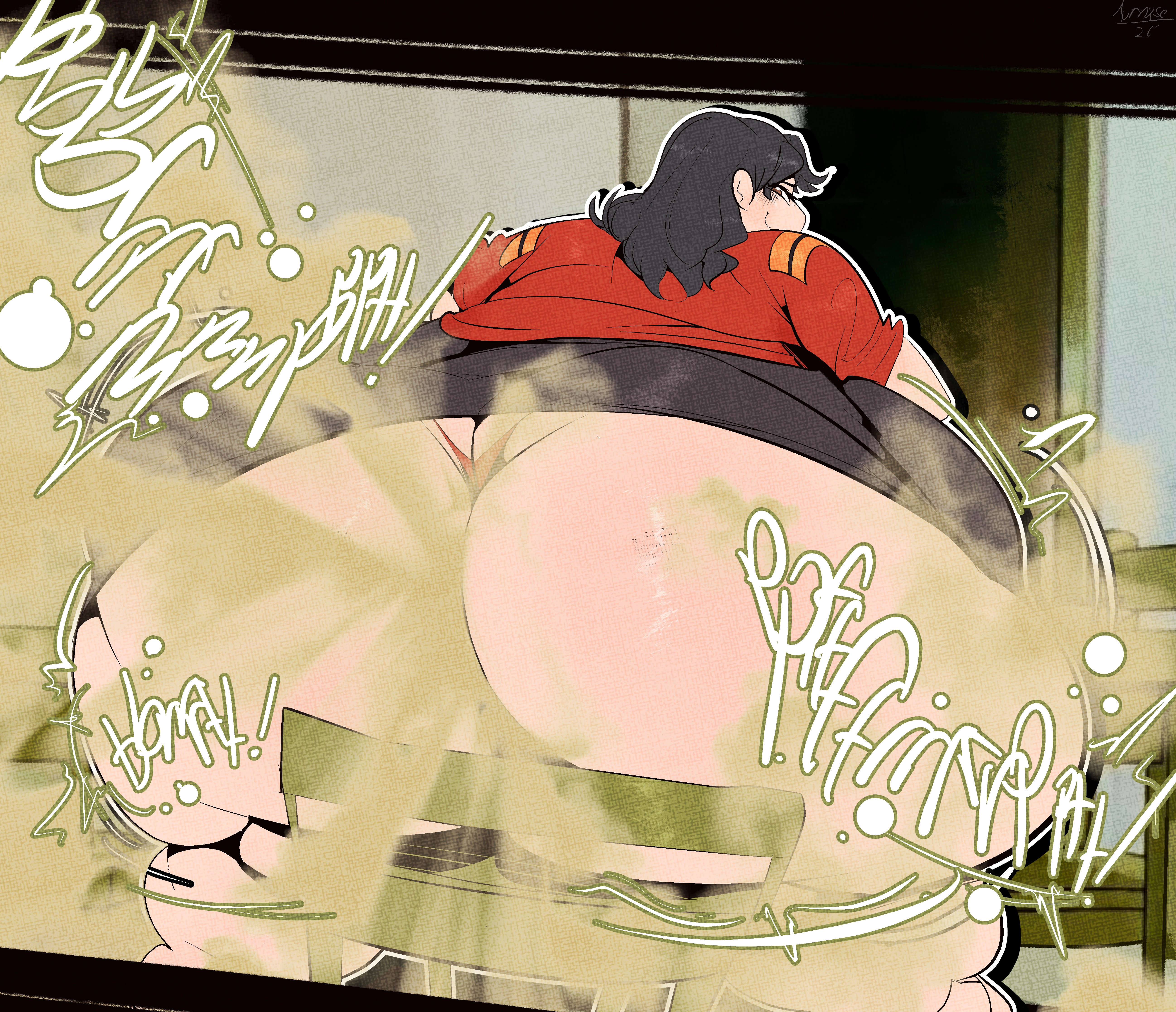 alternate version available, ass, aurnxse, bbw, big ass, chair, fart, fart fetish, fat, fat ass, huge ass, misato katsuragi, neon genesis evangelion, overweight female, purple hair, tagme, thong