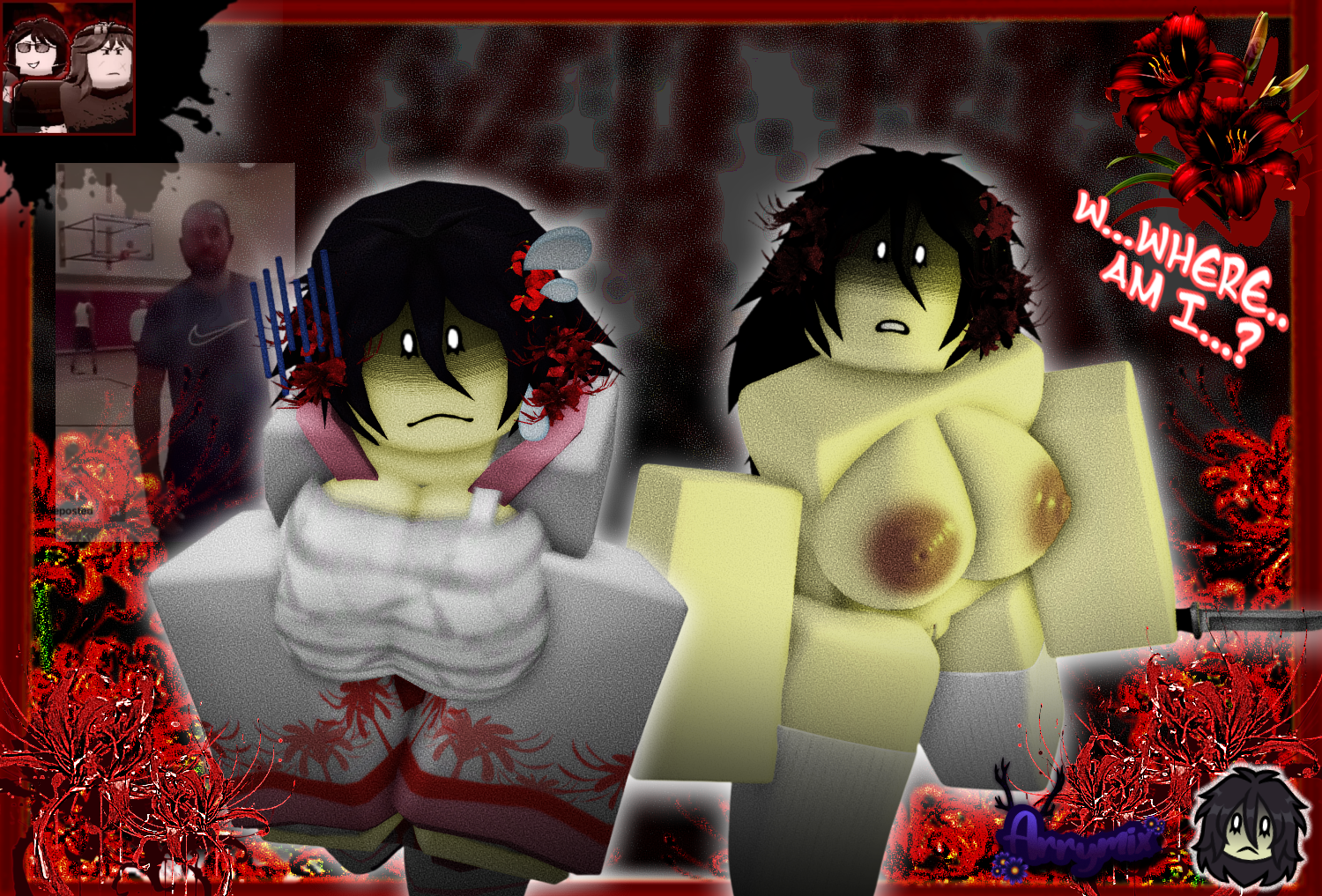 1girls, 3d, areolae, arrymix, breasts, clothed, english text, eyes in shadow, knife, nipples, nude, pussy, roblox, roblox game, robloxian, route 06 (roblox), self upload, shiryo (route 06), tagme, text, thighs, watermark