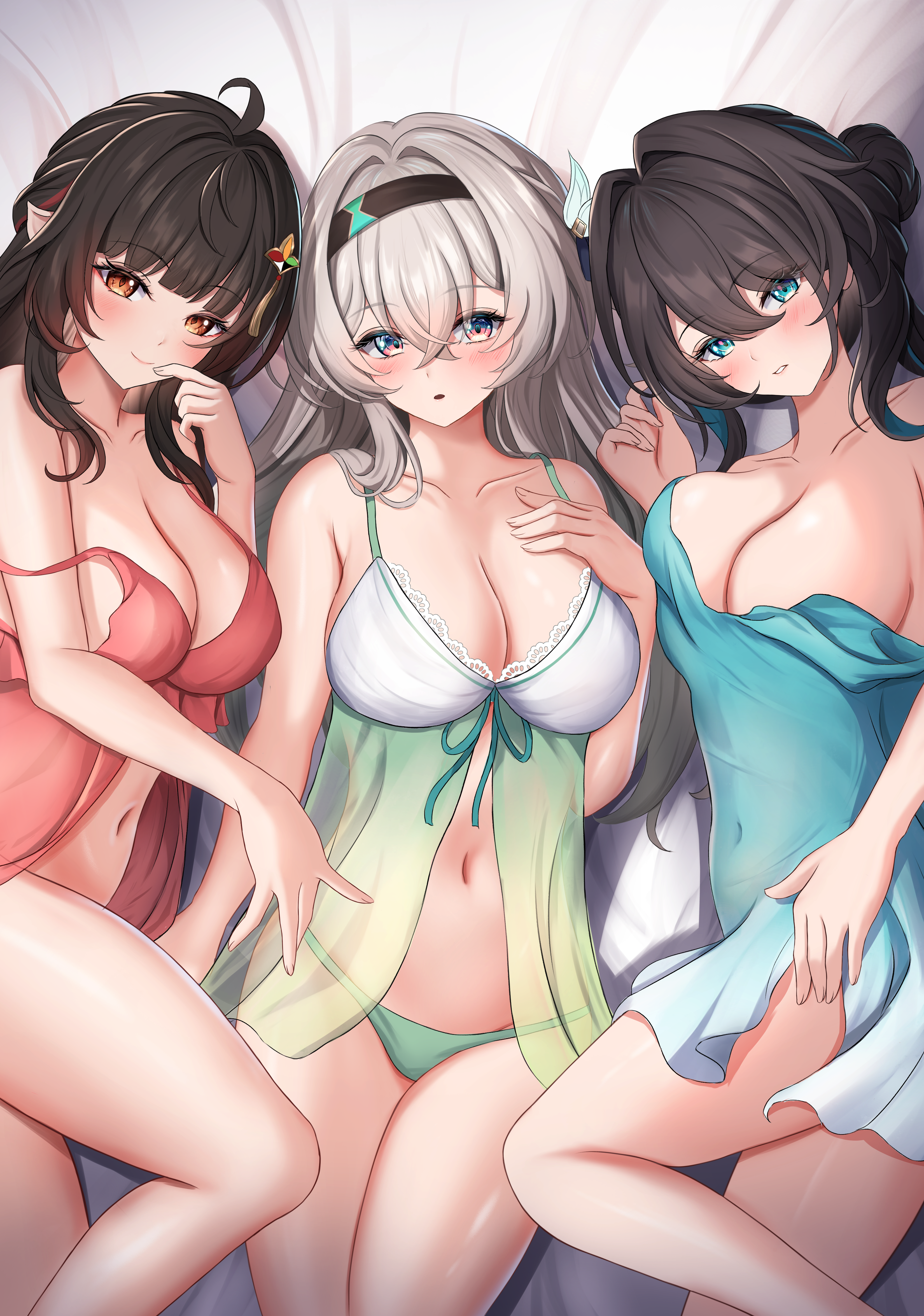 3girls, aqua eyes, big breasts, black hair, blue dress, breasts, brown eyes, brown hair, exposed breasts, female, firefly (honkai: star rail), green panties, green underwear, honkai (series), honkai: star rail, hoyoverse, large breasts, lingerie, lingsha (honkai: star rail), long hair, mature female, mihoyo, multicolored eyes, multicolored hair, multiple girls, panties, ruan mei (honkai: star rail), shouhaku0512, smile, underwear, very long hair
