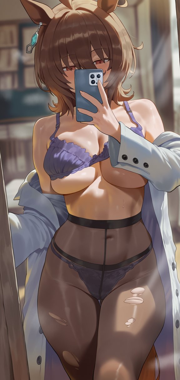 1girl, agnes tachyon (umamusume), ai generated, ai ye, black socks, blush, blushing, bra, breasts, breasts out, breasts out of bra, horse ears, horse girl, long socks, manhattan cafe (umamusume), mirror selfie, panties, panties under pantyhose, pantyhose, selfie, selfie pose, socks, sweat, sweating, take off shirt, torn pantyhose, torn socks, umamusume, umamusume pretty derby