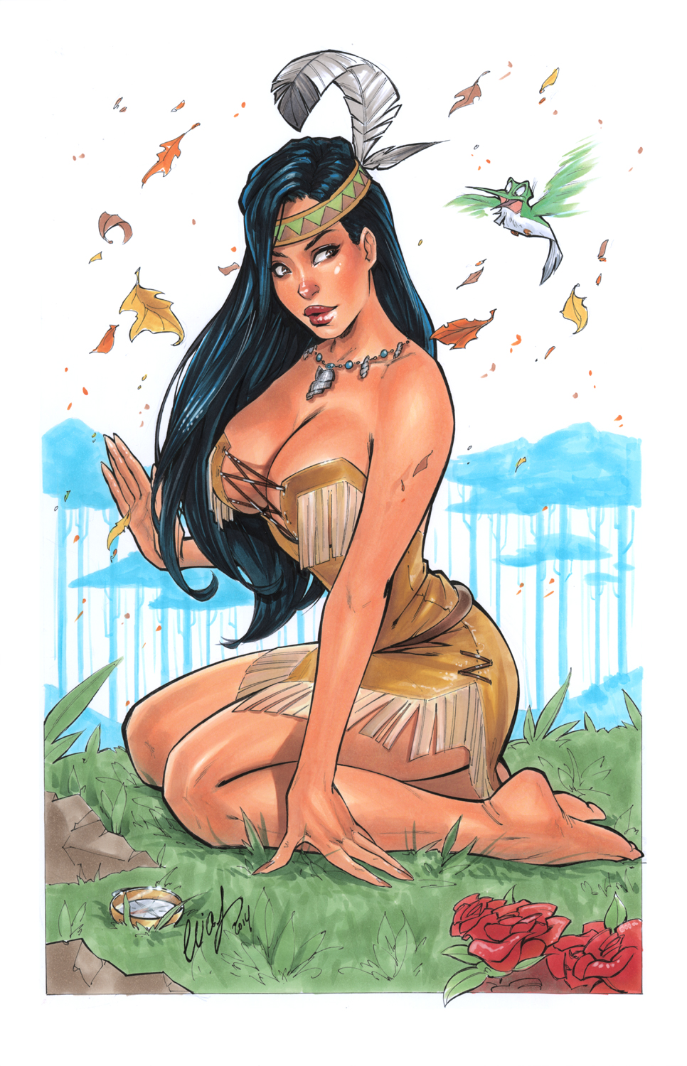 1girls, 2014, barefoot, big breasts, black hair, breasts, cleavage, dark skin, dark-skinned female, disney, elias chatzoudis, female, headband, large breasts, long hair, native american, native american female, necklace, pocahontas, pocahontas (character), solo, traditional media (artwork)