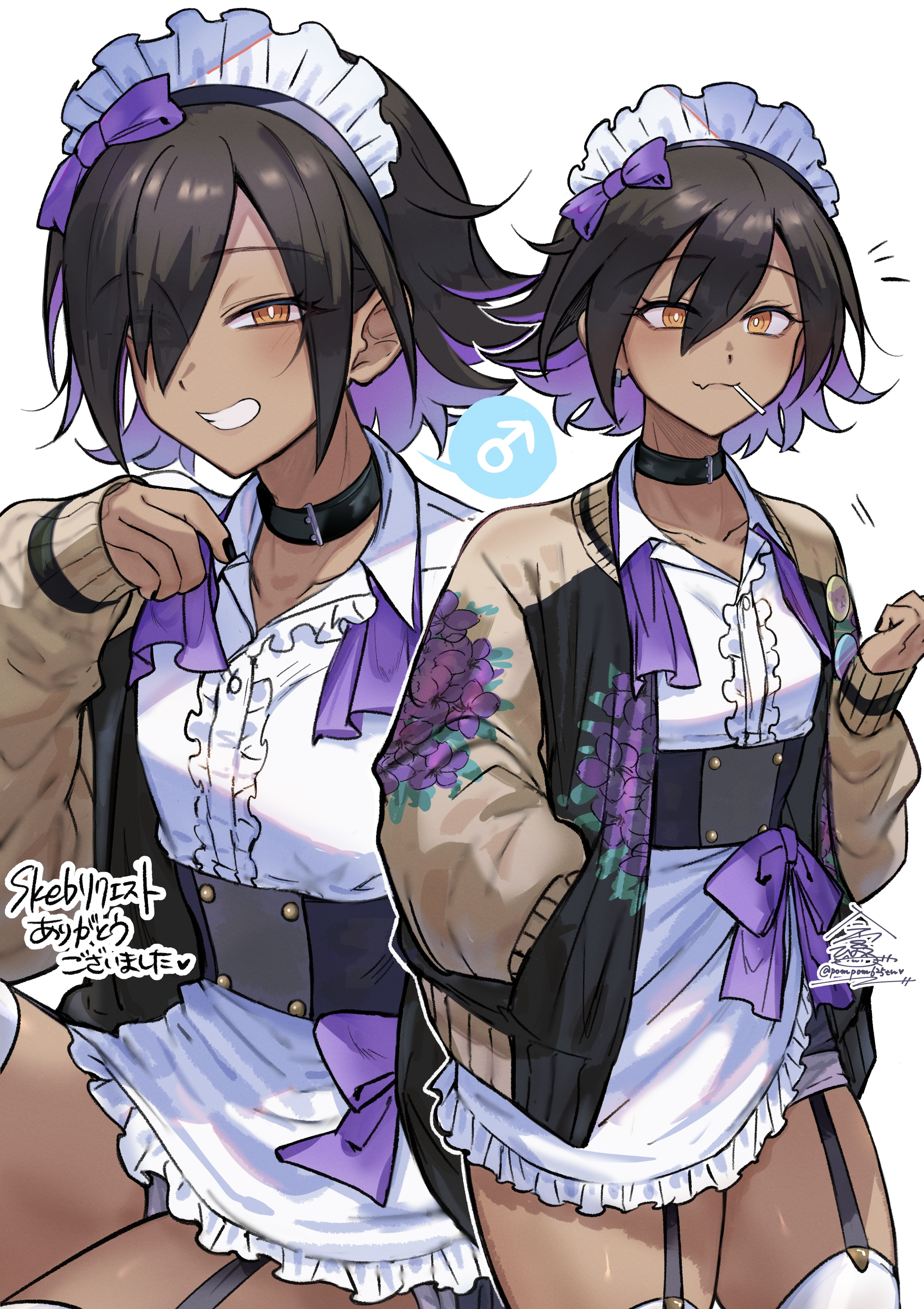 1boy, black hair, brat, collar, crossdressing, cute fang, dark skin, dark-skinned femboy, dark-skinned male, dark-skinned sissy, femboy, garter straps, imamiya pinoko, long sleeves, looking at viewer, maid headdress, male, non-nude, original character, otoko no ko, panties peek, purple hair, smug, solo, solo male, thighhighs, trap, two-tone hair