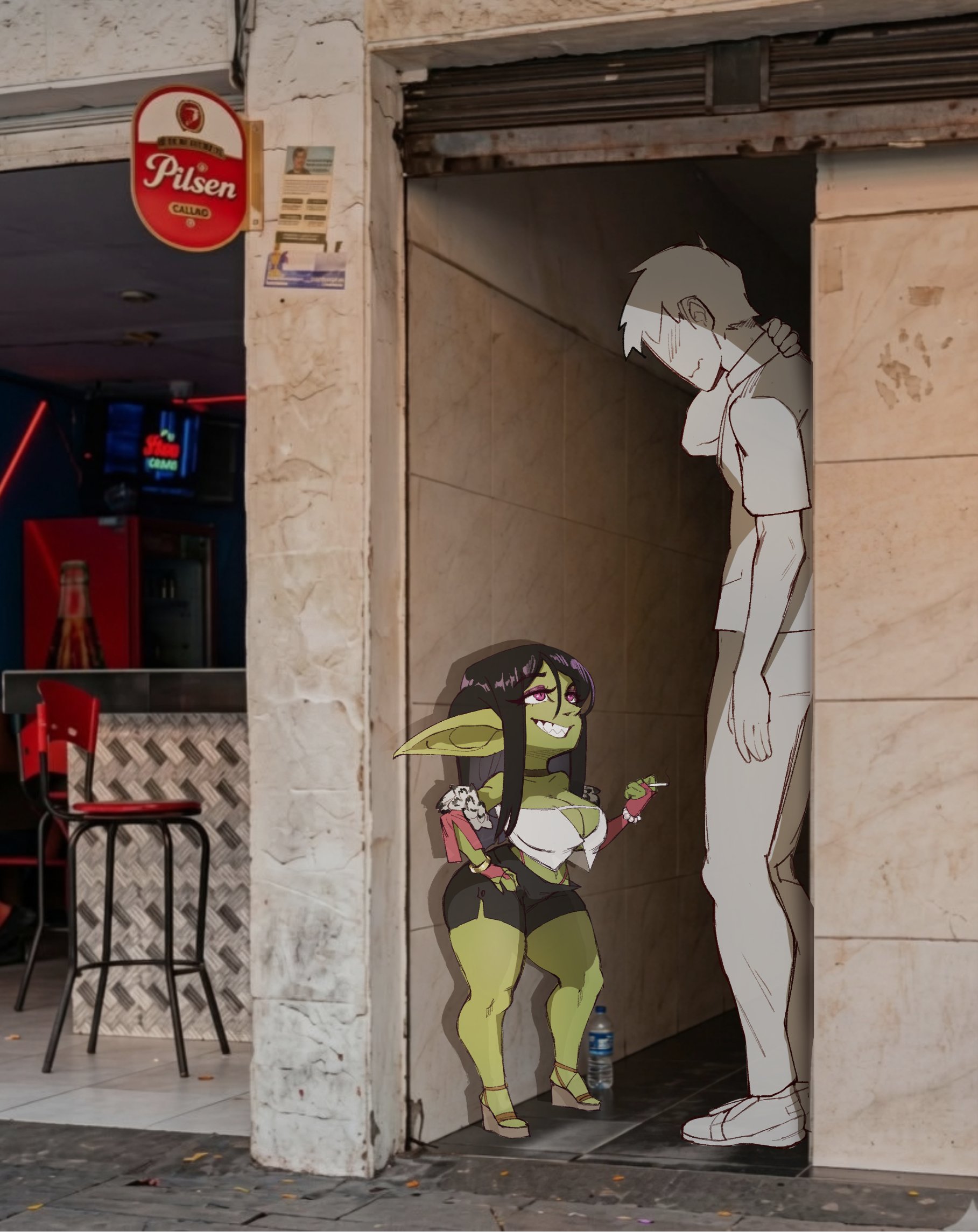 1boy, 1girls, 2d, alleyway milf (meme), anonymous male, big breasts, black hair, breasts, busty, choker, cigarette, cleavage, colombia, eyeshadow, fantasy, female, female focus, goblin, goblin female, green body, green skin, green skinned female, hourglass figure, jazzelart, long ears, long hair, makeup, male, medellin, colombia, meme, pilsen callao, pointy ears, prostitution, shortstack, size difference, skimpy, skimpy clothes, smaller female, tagme, taller male, wedge heels, wide hips