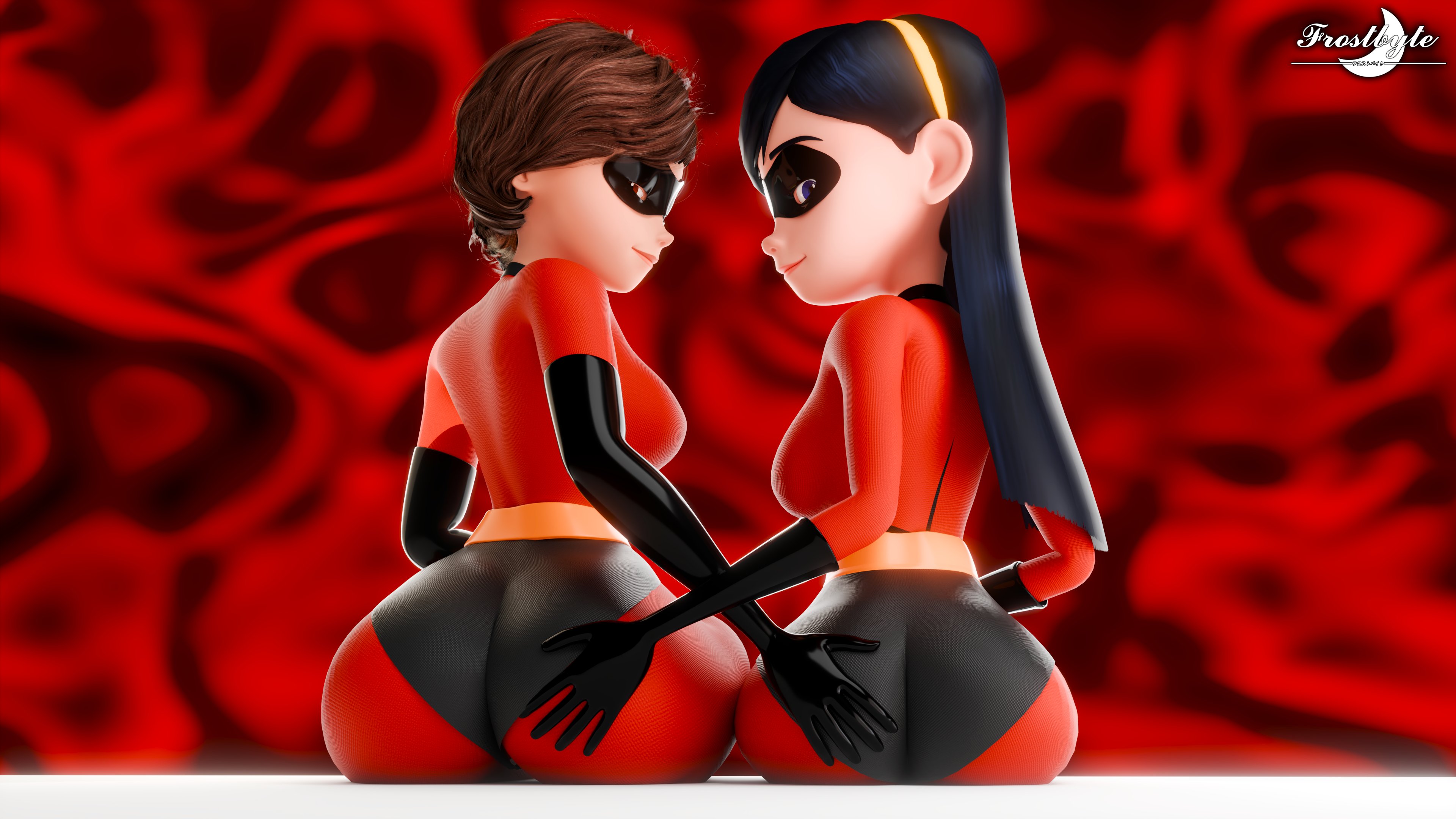 2girls, 3d, ass, big ass, black hair, brown hair, disney, elastigirl, female, female only, female thick thighs, frostbyte3d, helen parr, milf, mother, mother and daughter, multiple girls, pixar, the incredibles, violet parr