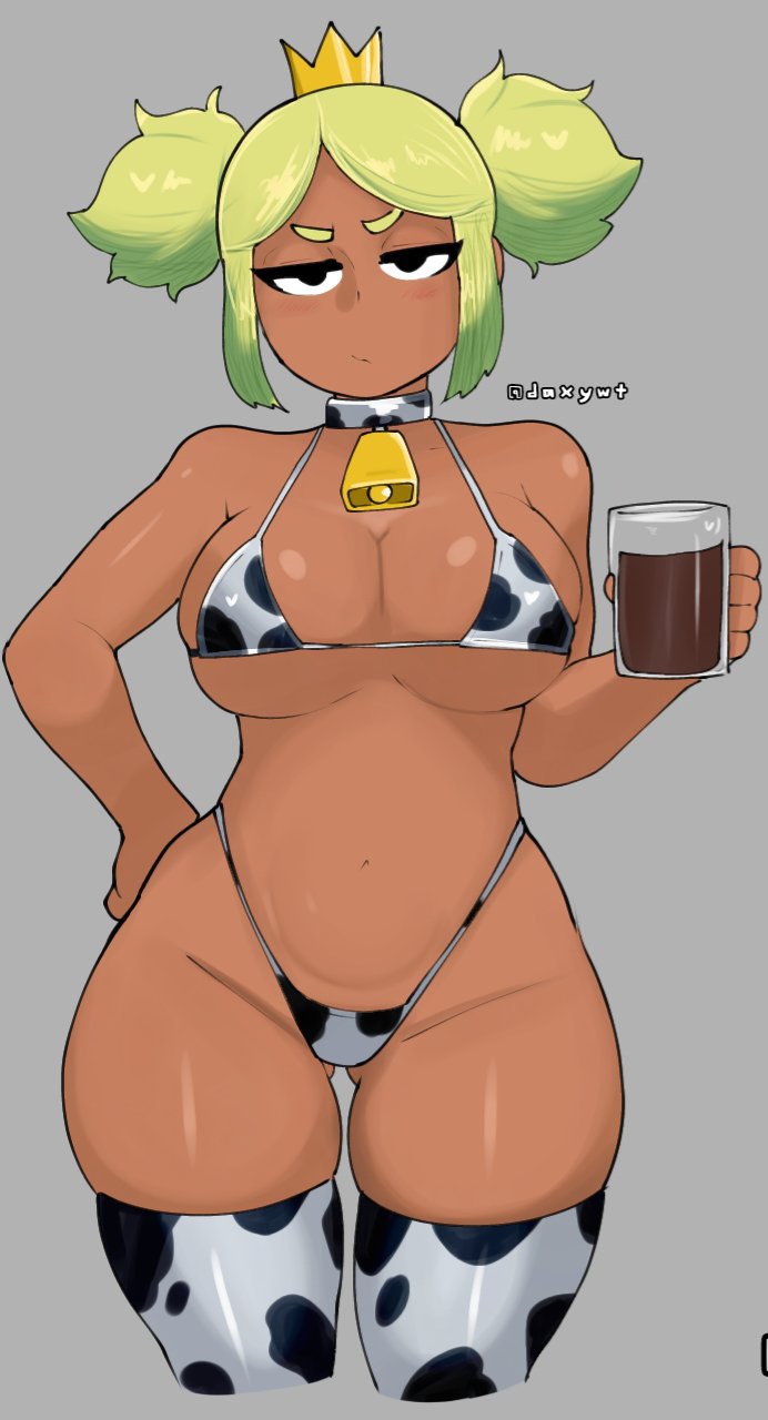 annoyed, barefoot, bikini, blonde hair, blush, brawl stars, breasts, choker, cow print, cow print bikini, cowbell, daxywt, hand on hip, holding object, looking at viewer, mandy (brawl stars), navel, short hair, slim waist, stockings, tagme, tan body, thick thighs, tied hair, voluptuous, wide hips