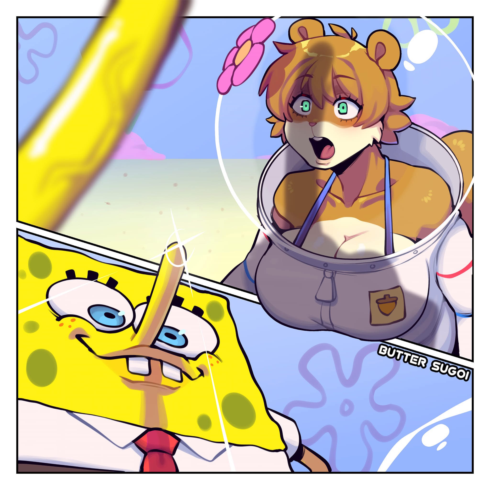 1boy, 1girls, 2koma, anthro, aqua eyes, big breasts, breasts, brown hair, butter sugoi, cleavage, female, green eyes, helmet, large breasts, male, penis awe, sandy cheeks, sexually suggestive, short hair, spacesuit, spongebob squarepants, spongebob squarepants (character), staring at penis, suggestive, turquoise eyes, underwater