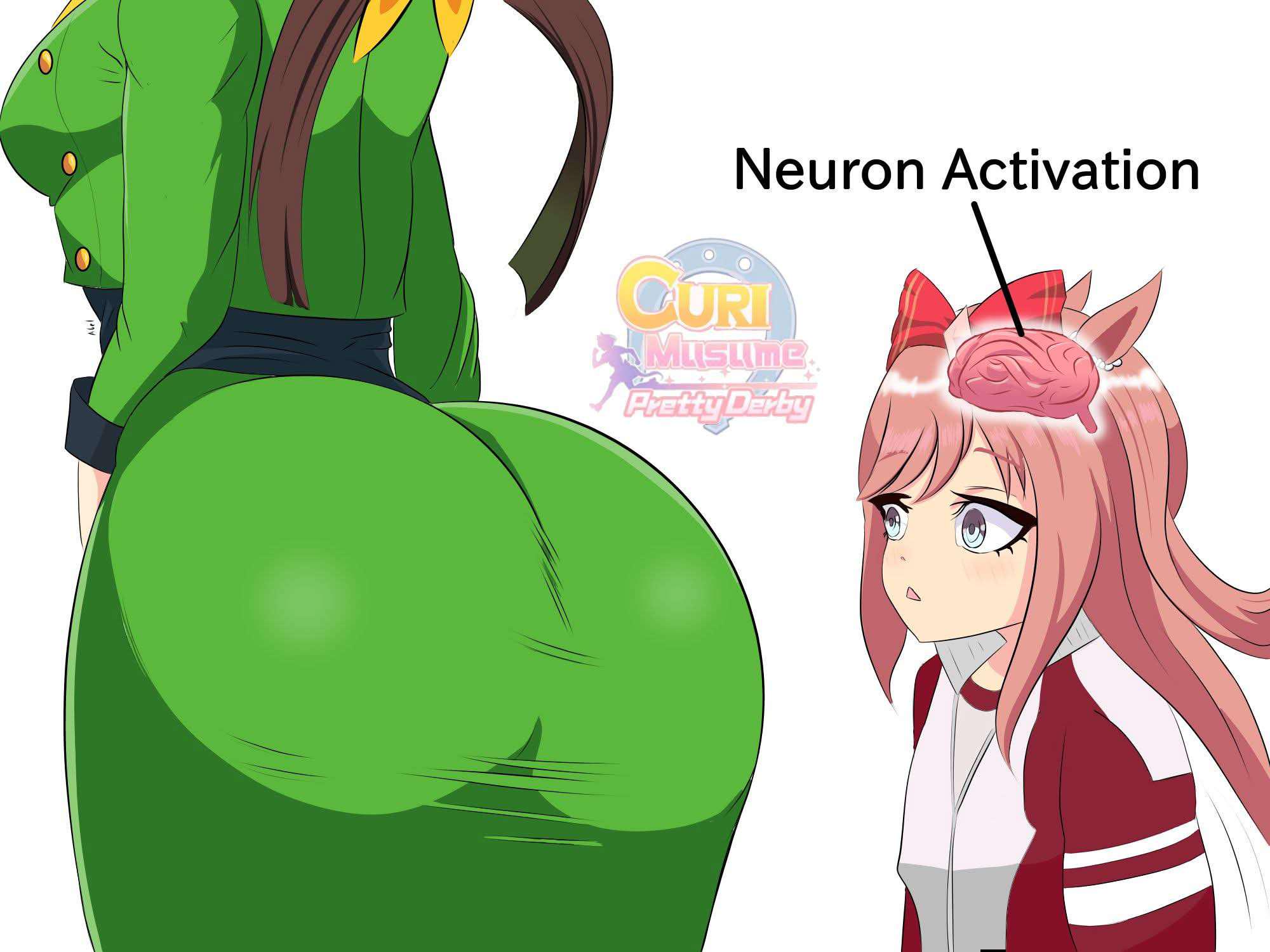 2girls, agnes digital (umamusume), ass, ass awe, ass focus, big ass, big butt, brown hair, bubble butt, curimomo, english text, female, hayakawa tazuna, meme, neuron activation (meme), pink hair, text, umamusume