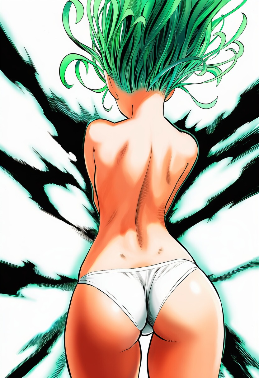 1girls, accurate art style, ai generated, ass, ass focus, aura, back, back view, bare arms, bare back, bare legs, bare shoulders, bare thighs, clothing, cowboy shot, curly hair, dimples of venus, energy, facing away, female, female focus, female only, floating hair, from behind, glowing body, green hair, high resolution, highres, light skin, light-skinned female, line art, manga style, median furrow, medium ass, medium hair, murata yuusuke (style), narrow waist, official style, one-punch man, panties, pantsu, partially clothed, petite, psychic, round ass, shiny skin, short hair, shoulder blades, simple background, solo, solo focus, standing, tatsumaki, telekinesis, thigh gap, thighs, topless, torn clothes, underwear, underwear only, white background, white panties