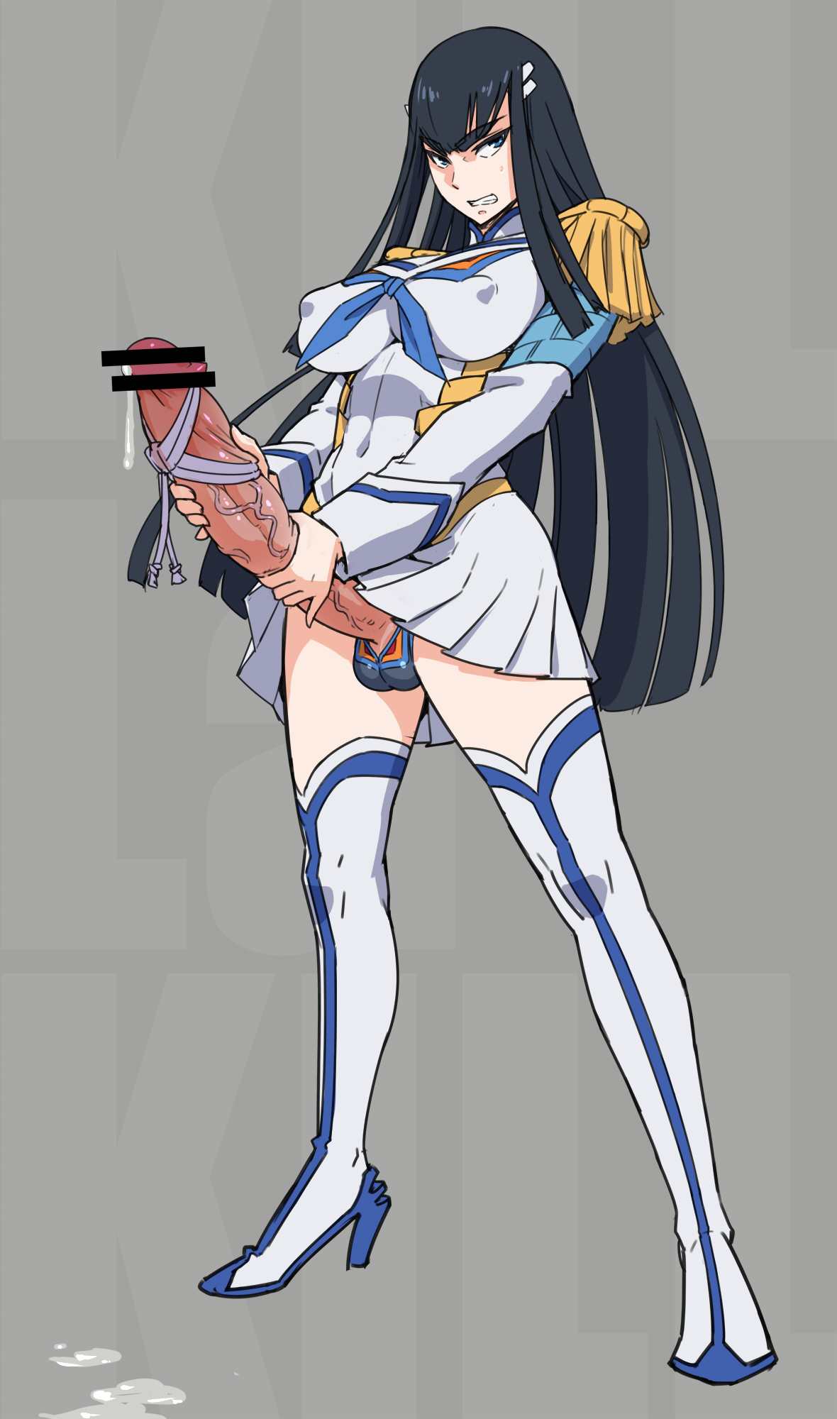 1futa, balls, balls in panties, black hair, blue eyes, bulge, censored, cum, cum pool, cumdrip, epaulettes, erect nipples, erection, eyebrows, futanari, intersex, junketsu, kill la kill, kiryuuin satsuki, mikoyan, nipples, penis, skirt, solo futa, testicles, thighhighs, veiny penis, very long hair