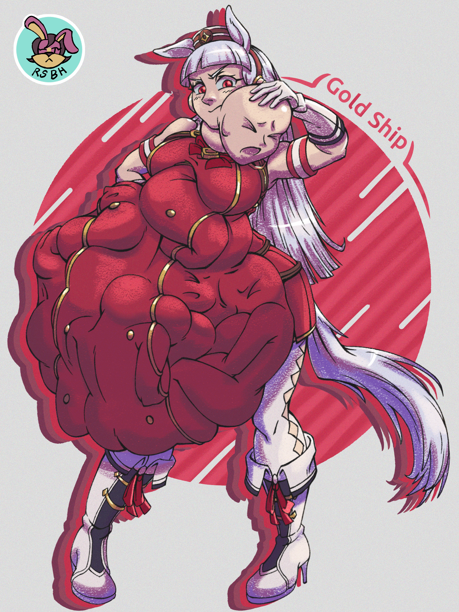 big belly, big breasts, detailed bulges, elbow gloves, female, female only, female pred, female prey, gold ship (umamusume), hat, horse girl, horse tail, humanoid, mass vore, multiple prey, red clothing, rsbh (artist), silver hair, squirming, squirming belly, squirming gut, squirming prey, umamusume, umamusume pretty derby, vore, vore belly, white gloves, white hair