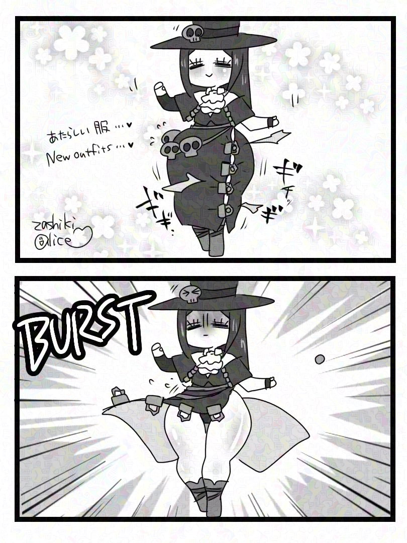 accidental exposure, blush, boots, dress, eyes closed, guilty gear, guilty gear strive, hat, headgear, long hair, monochrome, onomatopoeia, panties, smile, tagme, testament (guilty gear), text, thick thighs, thunder thighs, tight clothing, wardrobe malfunction, wide hips, zashikialice