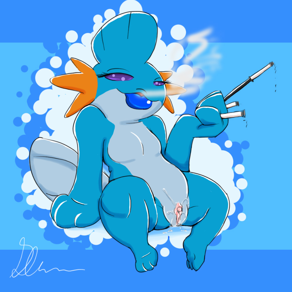 blue_theme cigarette color female female_only lilglenndoggy mudkip nintendo open_eyes pokemon pokemon_(species) pokemon_rse purple_eyes pussy smoking solo vulva