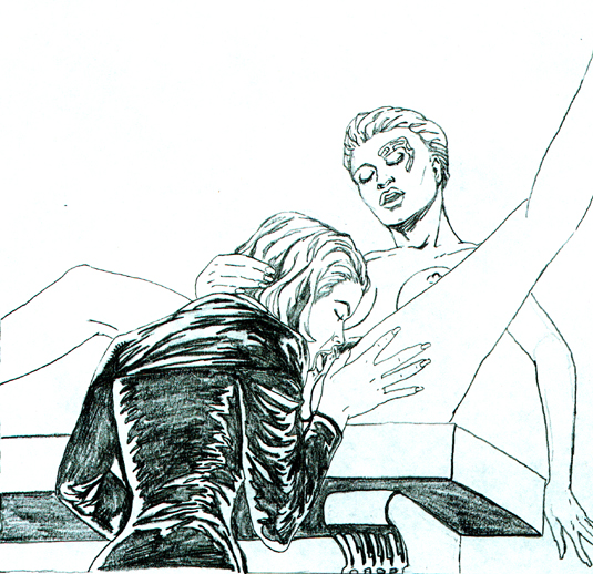 2girls black_and_white borg_(species) clothed clothed_female clothed_female_nude_female cunnilingus female female_only human humanoid implants kathryn_janeway monochrome nude nude_female pubic_hair seven_of_nine star_trek star_trek_voyager yuri