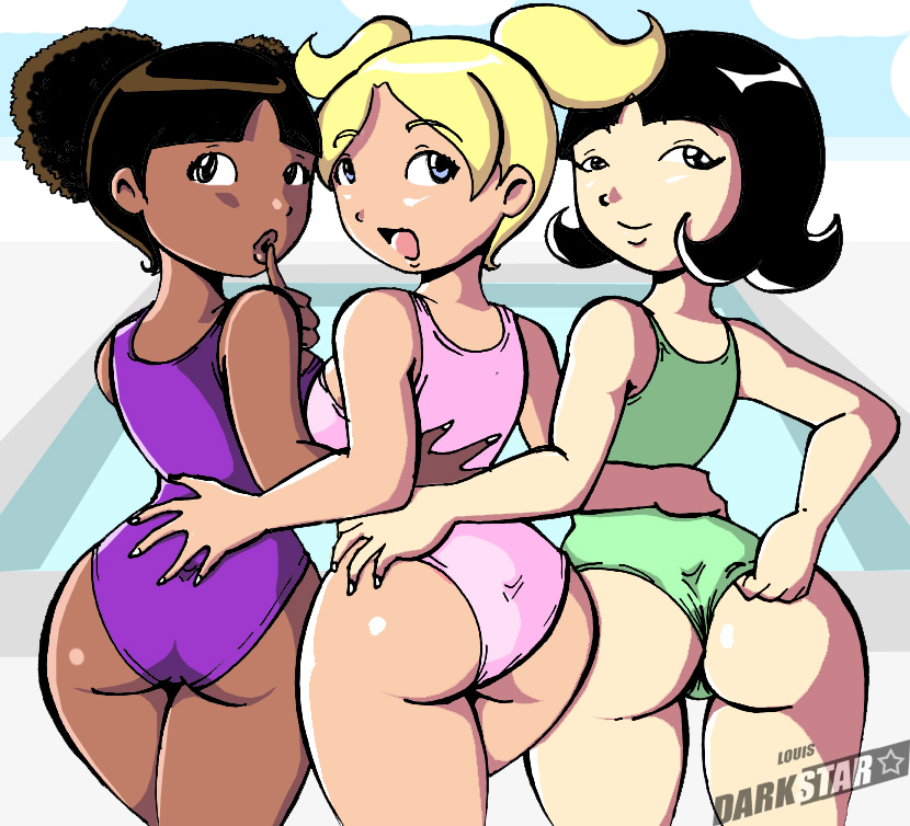 3girls ass back black_eyes black_hair blonde_hair blue_eyes brown_hair cartoon_network dark-skinned_female dark_skin dee_dee_(dexter's_laboratory) dexter's_laboratory female female_only finger_to_mouth green_one-piece_swimsuit green_swimsuit human lee_lee louis_darkstar medium_breasts mee_mee multiple_girls one-piece_swimsuit open_mouth pink_swimsuit purple_swimsuit short_hair smile standing swimsuit text twintails