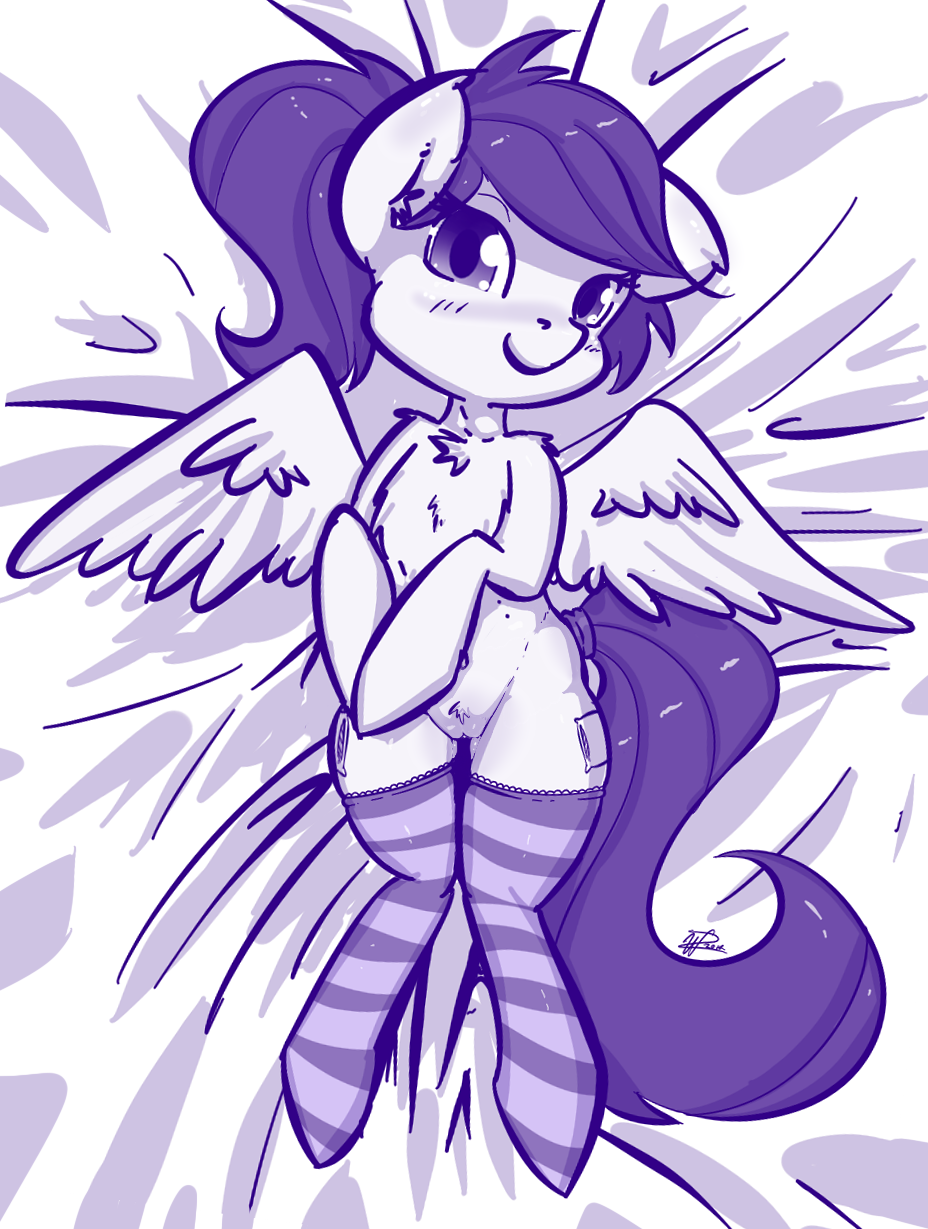 blush equine horse krucification legwear looking_at_viewer mammal monochrome my_little_pony original_character pegasus pony ponytail pussy stockings tied_hair wings