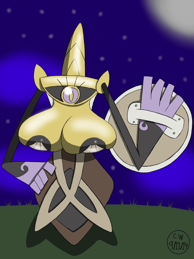 2014 aegislash big_breasts breast_squish breasts cleavage clothed clothing crockwad eyelashes female female_only grass moonlight night nintendo nipple_slip nipples pokemon pokemon_xy shield solo sword tight_clothing weapon