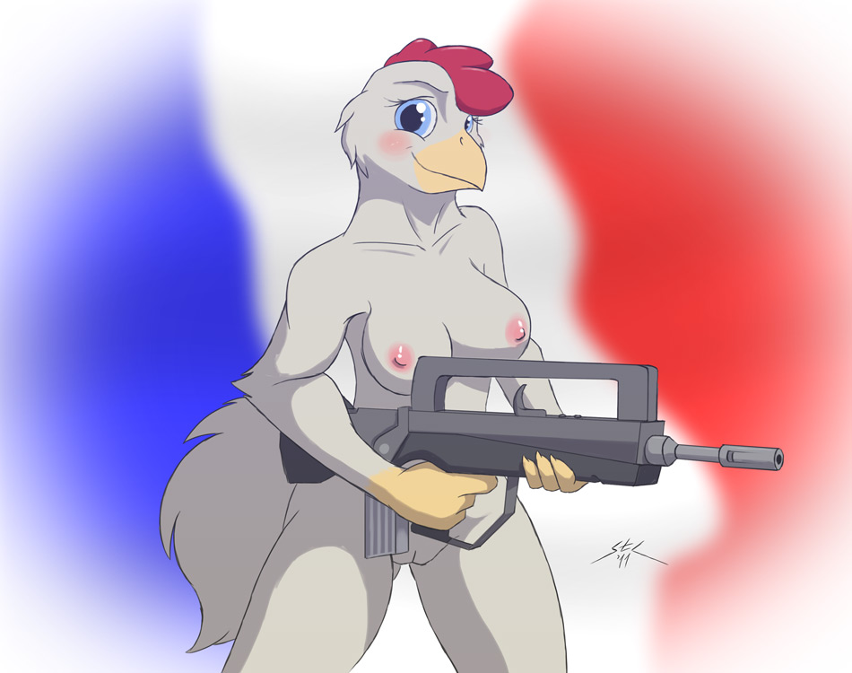 2011 anthro assault_rifle avian bird blue_eyes blush breasts chicken famas female flag french_flag gun holding looking_at_viewer nipples nude pussy ranged_weapon rifle solo spotty_the_cheetah weapon