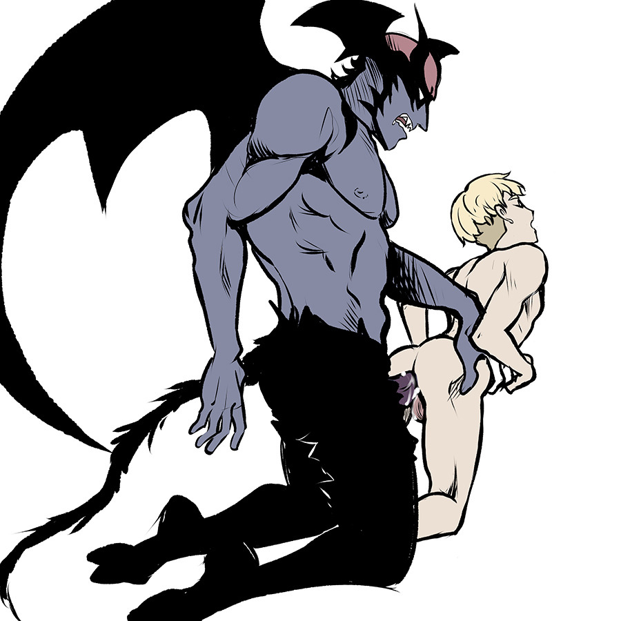 2boys, anal penetration, anal sex, ass, demon, digital media (artwork), doggy style, erection, fictional interracial, from behind, gay, head wings, horns, human, incubus, interspecies, male, male focus, male on male, male only, male/male, multiple boys, multiple males, nude, penetration, penis, sex, size difference, tail, teaspoons position, wings, yaoi