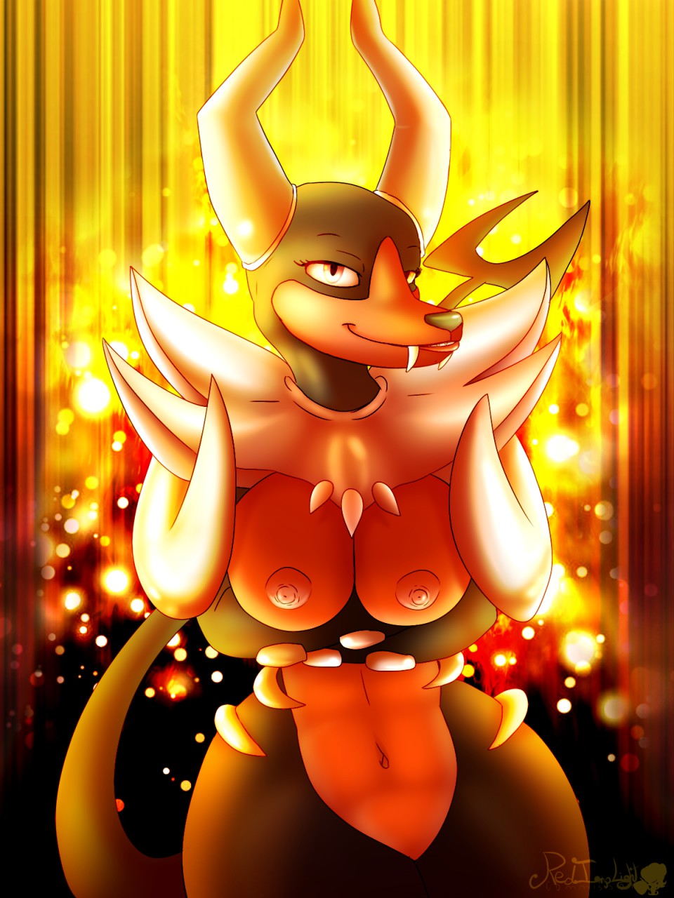 anthro anthrofied breasts canine female horn houndoom mammal mega_houndoom nintendo pokemon redimplight smile video_games