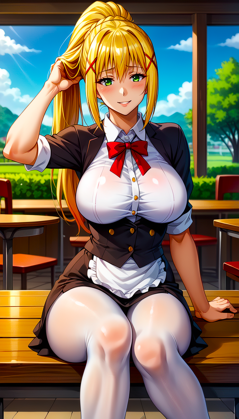 1girls ai_generated anime anime_girl anime_style babe blonde_hair blonde_ponytail blush busty_female buttons cafe chair clouds crusader curvy cute darkness_(konosuba) day garden green_eyes_female hands_in_hair isekai konosuba large_breasts legs maid maid_uniform noblewoman ponytail red_ribbon ribbon seductive seductive_smile sitting sitting_on_table smiling_at_viewer stockings table thick_thighs toongenai tree voluptuous white_stockings wood